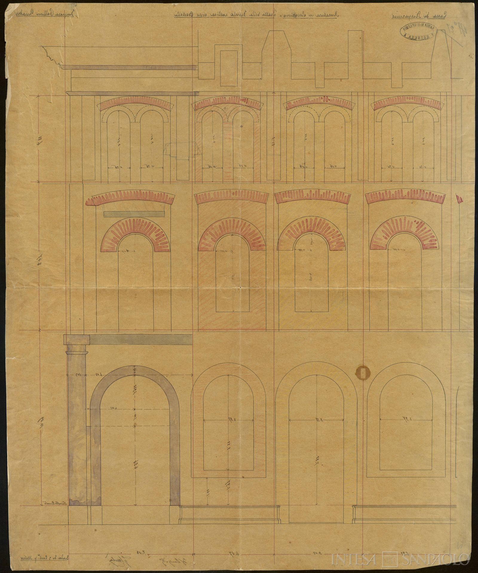 Cassa di Risparmio in Bologna, prospetto del palazzo della sede verso casa Bertelli, fine Ottocento (Augusto Barigazzi ed Enrico Comboni)