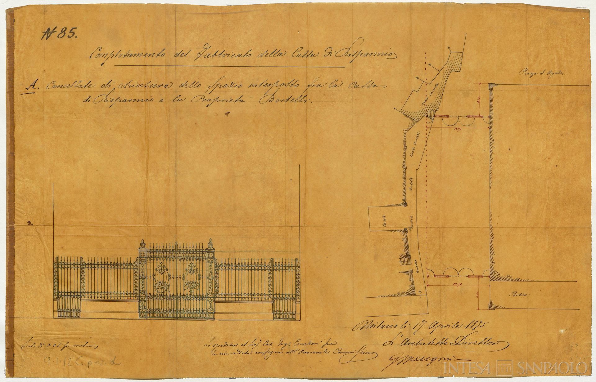 Cassa di Risparmio in Bologna, progetto della cancellata della sede, 17 aprile 1875 (Giuseppe Mengoni)
