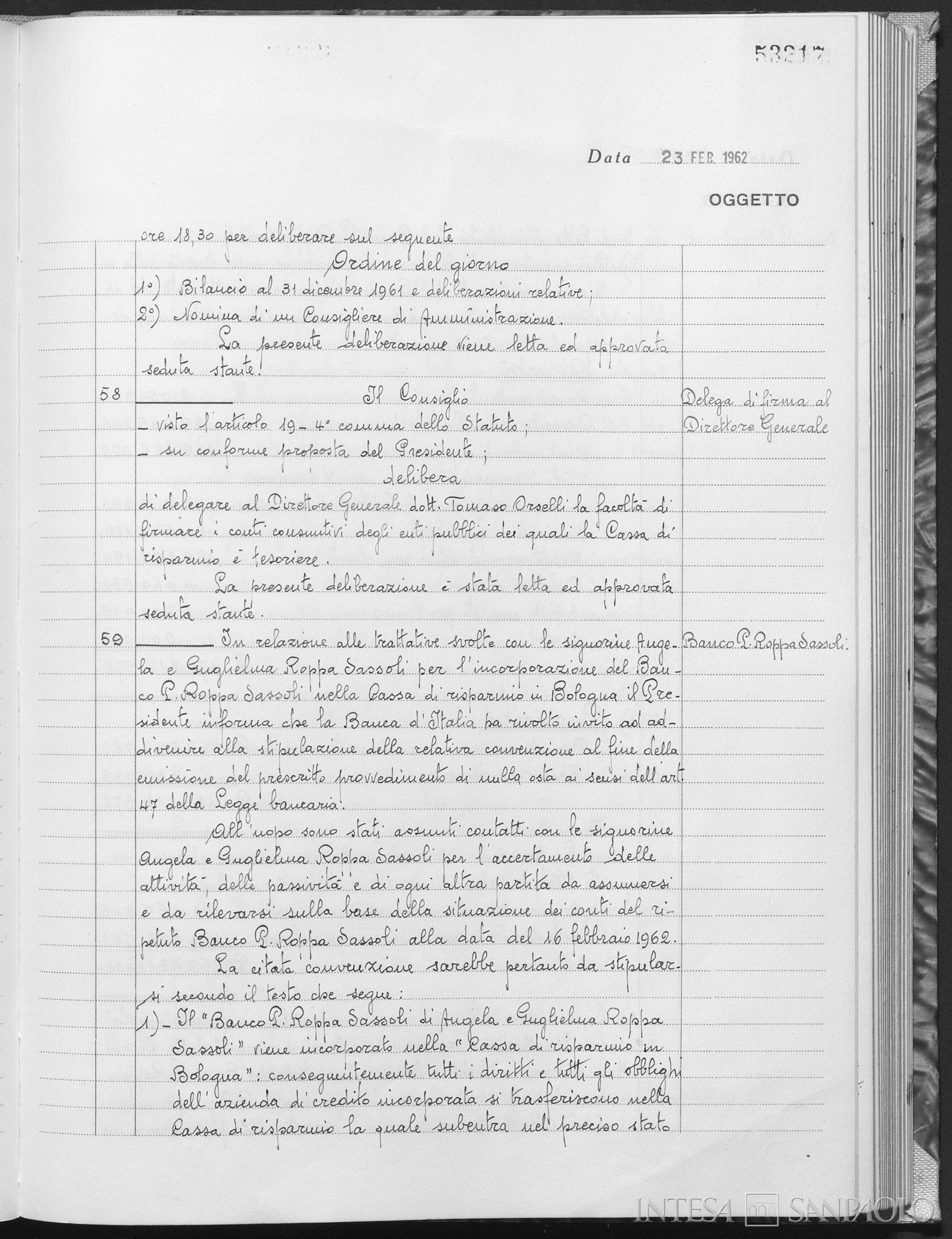 Banco P. Roppa Sassoli, pagina estratta dai Verbali del Consiglio di Amministrazione della Cassa di Risparmio in Bologna relativa alla fusione con l'istituto, 23 febbraio 1962