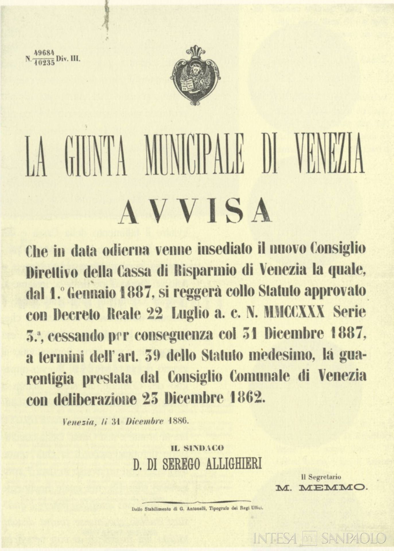 Cassa di Risparmio di Venezia, comunicazione dell'insediamento del nuovo consiglio direttivo e dell'approvazione dello statuto, 1886