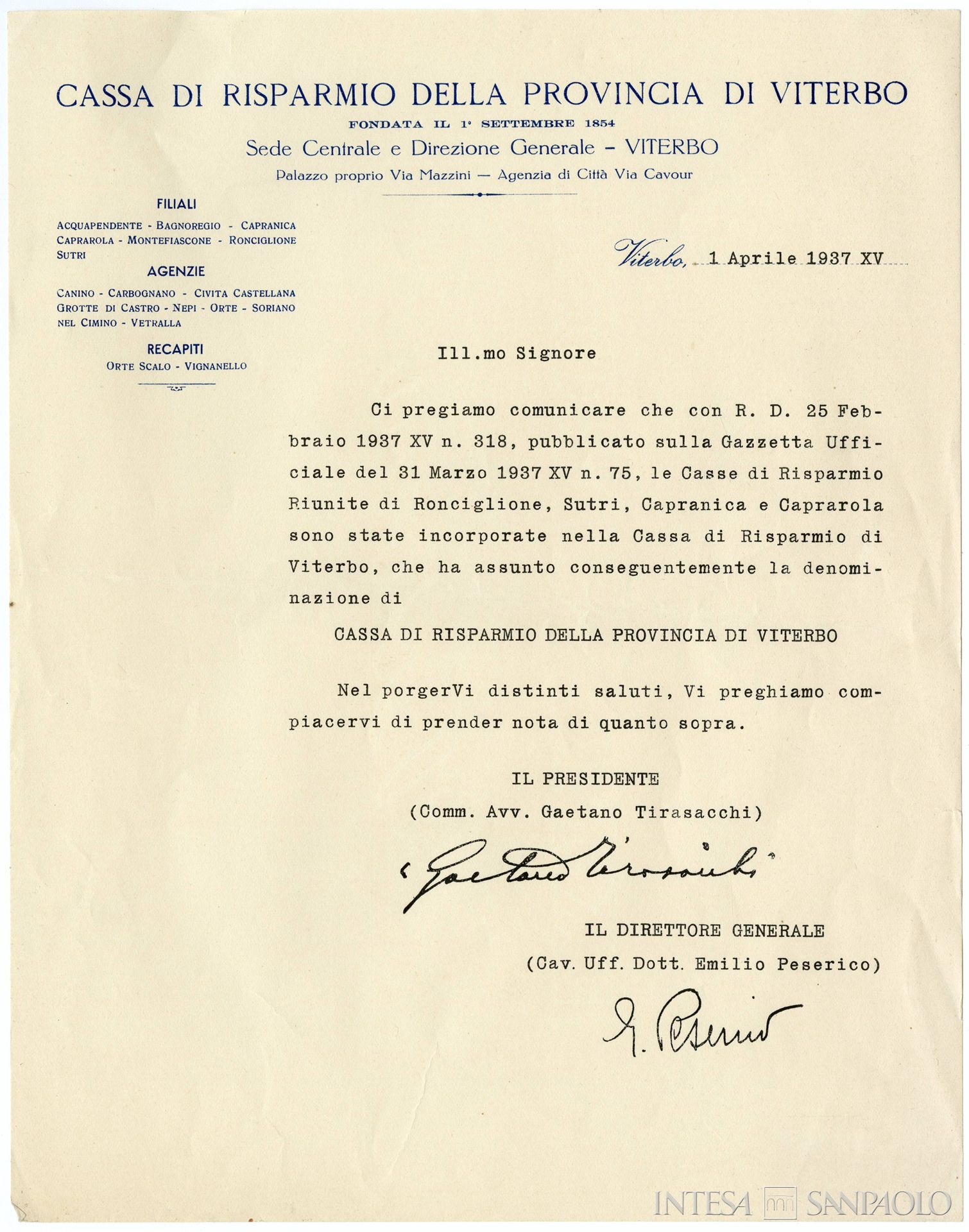 Casse di Risparmio Riunite di Ronciglione, Sutri, Capranica e Caprarola, lettera del Presidente della Cassa di Risparmio della Provincia di Viterbo Gaetano Tirasacchi che comunica l'incorporazione della Casse di Risparmio Riunite in quella della Provincia di Viterbo, 1 aprile 1937