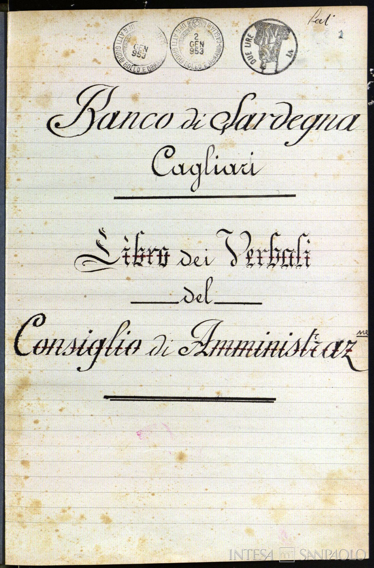 Credito Industriale Sardo, frontespizio del Libro dei Verbali del Consiglio di Amministrazione ancora siglato Banco di Sardegna, 1953