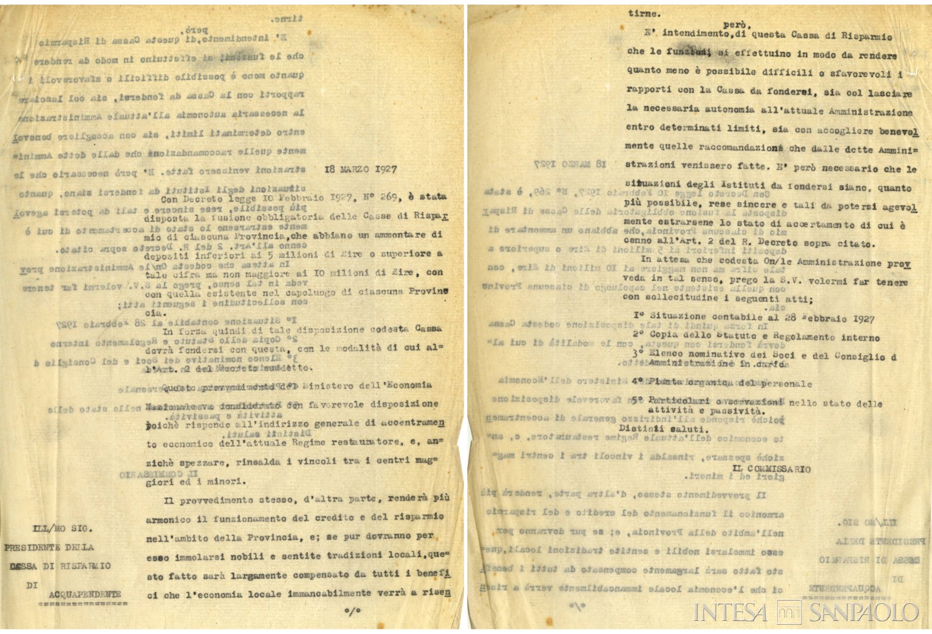 Cassa di Risparmio di Acquapendente, pagine estratte dall'atto di fusione con la Cassa di Risparmio della Provincia di Viterbo, 18 marzo 1927