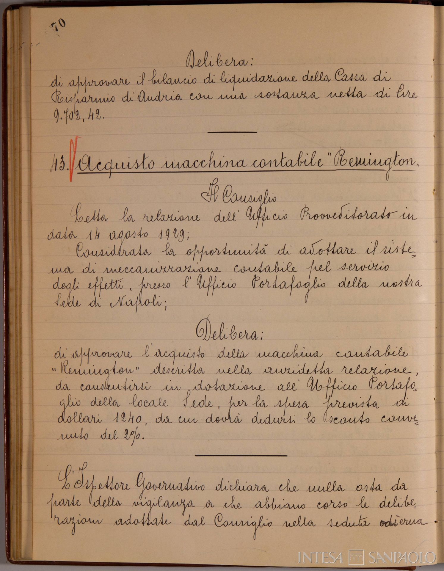 Banco di Napoli, Verbali del Consiglio di Amministrazione, delibera n. 42 relativa alla Cassa di Risparmio di Andria, 28 agosto 1929 (Archivio Storico del Banco di Napoli)