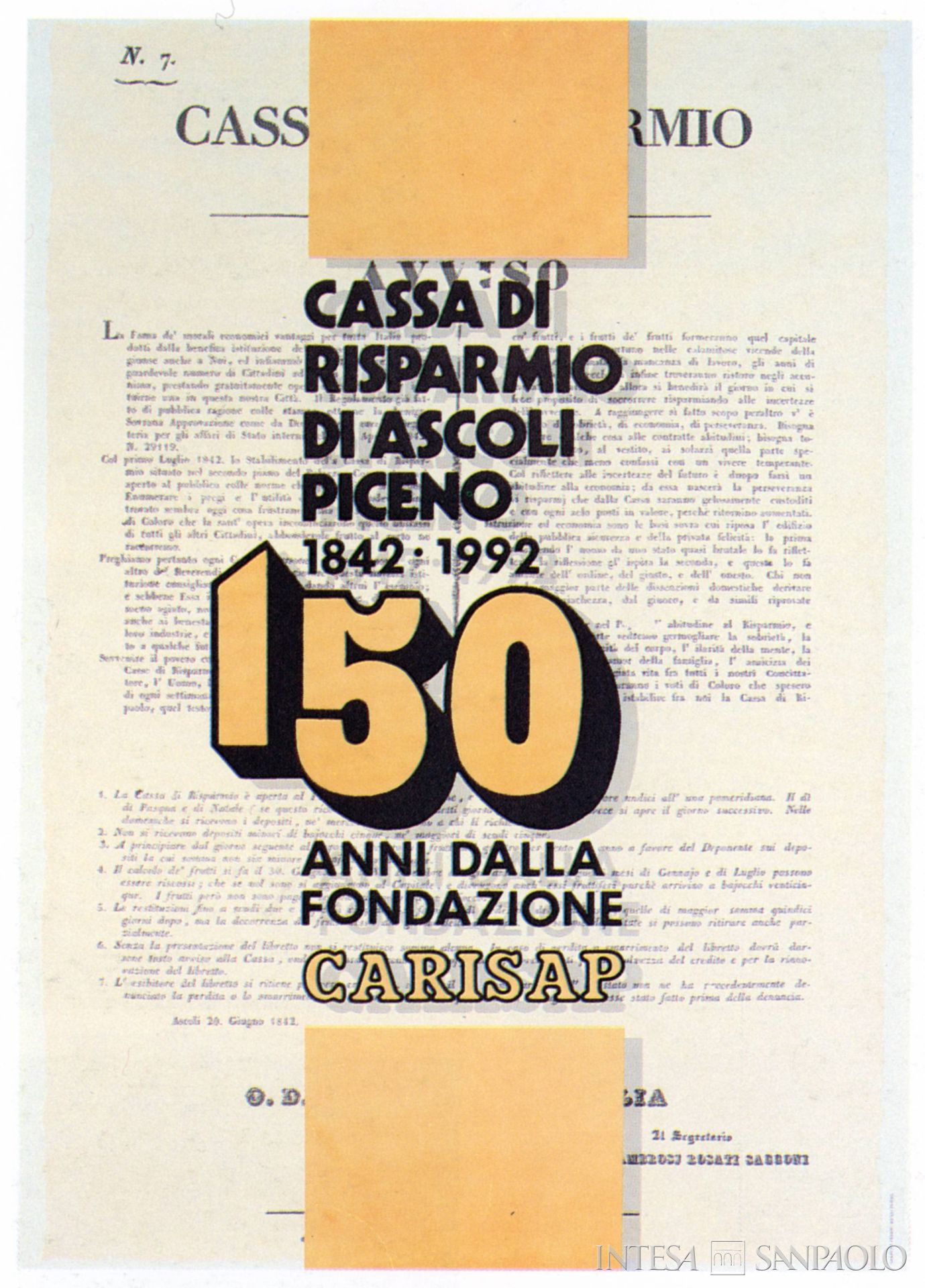 Cassa di Risparmio di Ascoli Piceno, manifesto celebrativo dei 150 anni dell'Istituto, documento tratto da Rendiconto dell'esercizio 1992, 1993