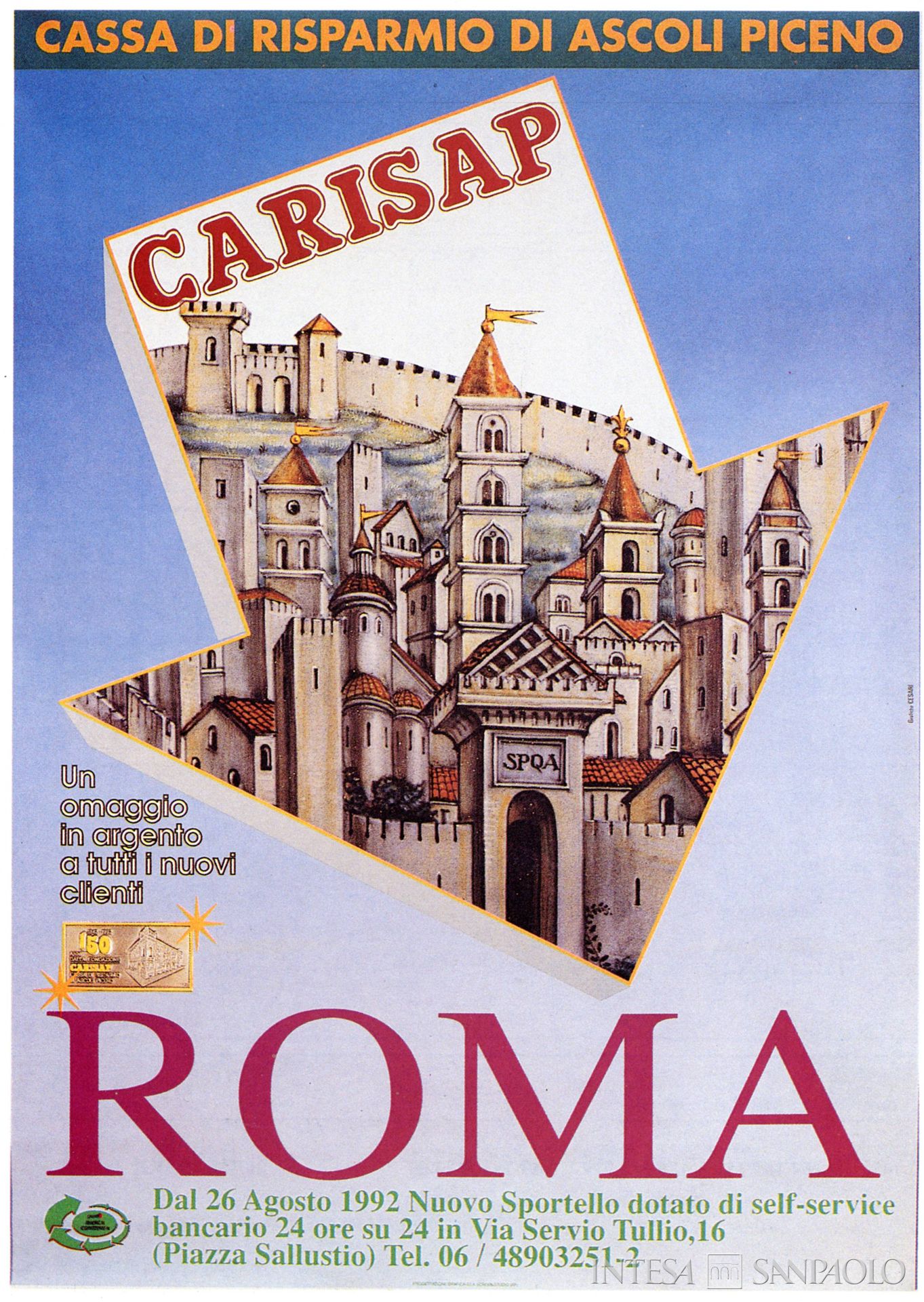 Cassa di Risparmio di Ascoli Piceno, pubblicità relativa all'apertura di un nuovo sportello dotato di self-service a Roma, in occasione del 150° anniversario dell'Istituto, documento tratto da Rendiconto dell'esercizio 1992, 1993
