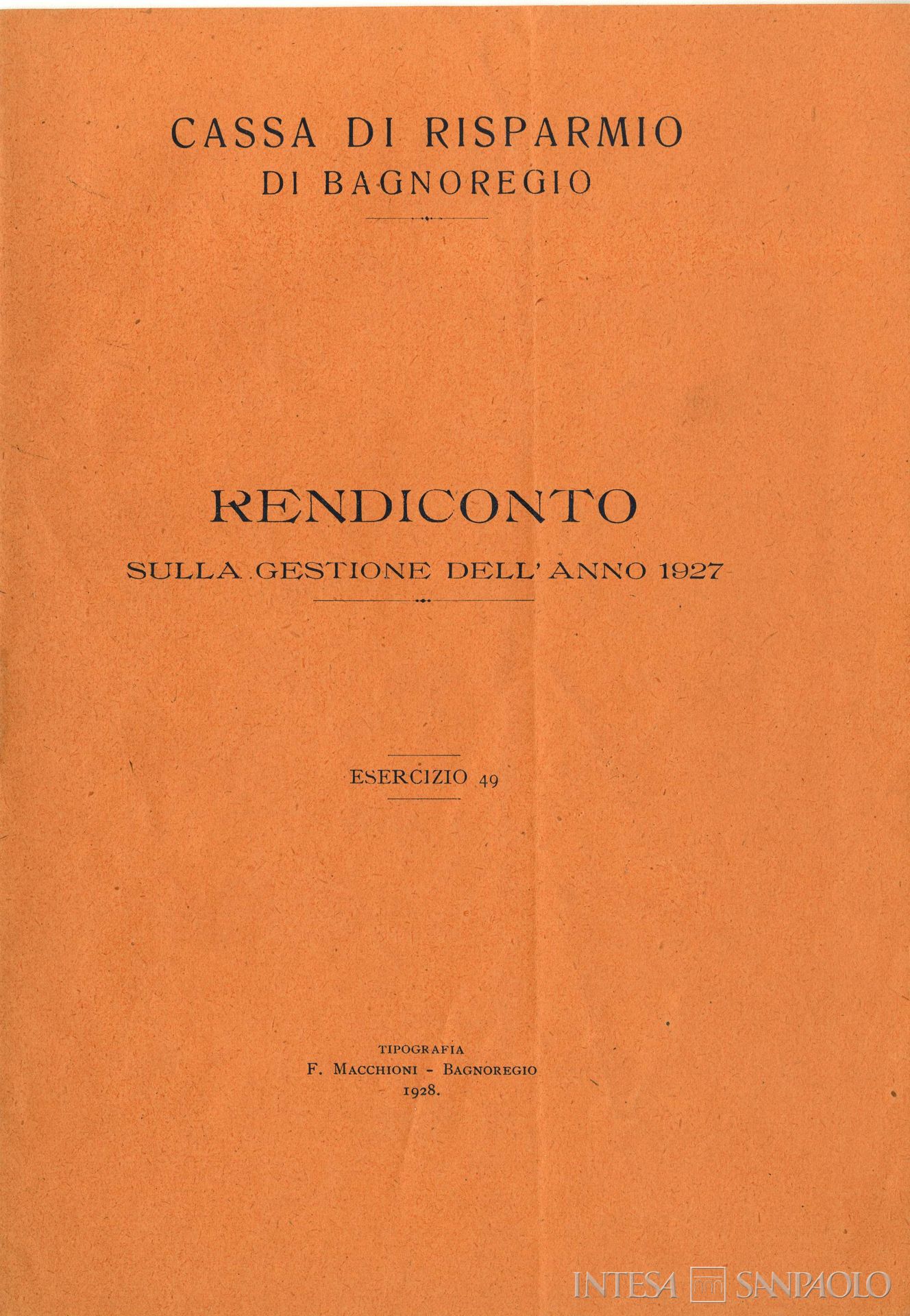 Cassa di Risparmio di Bagnoregio, frontespizio del Rendiconto del 49° esercizio, 1927