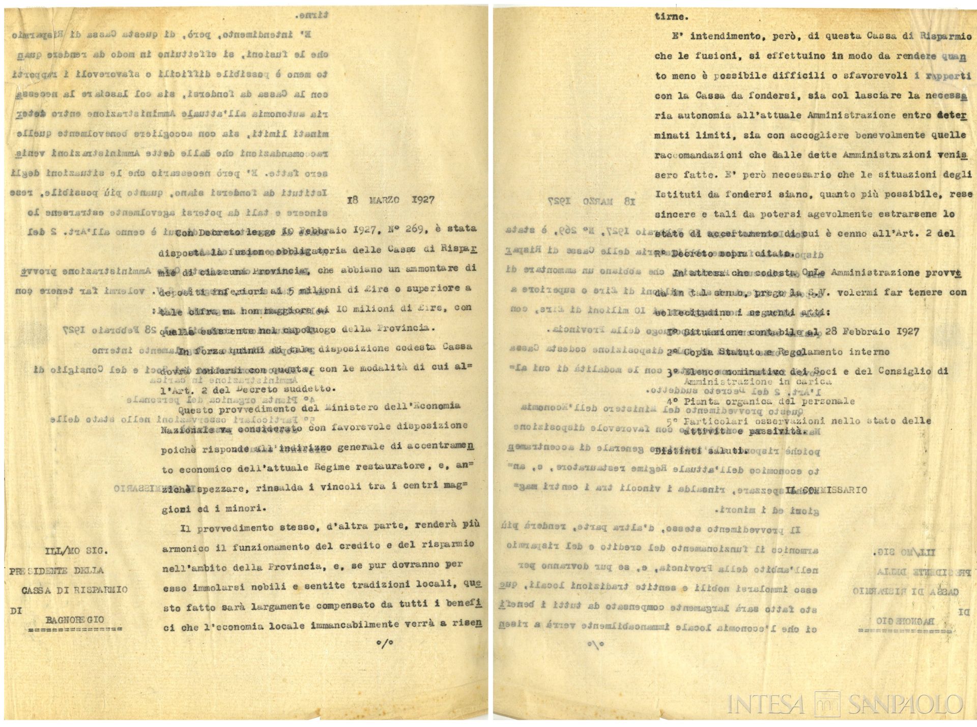 Cassa di Risparmio di Bagnoregio, pagine estratte dall'atto di fusione con la Cassa di Risparmio della Provincia di Viterbo, 18 marzo 1927