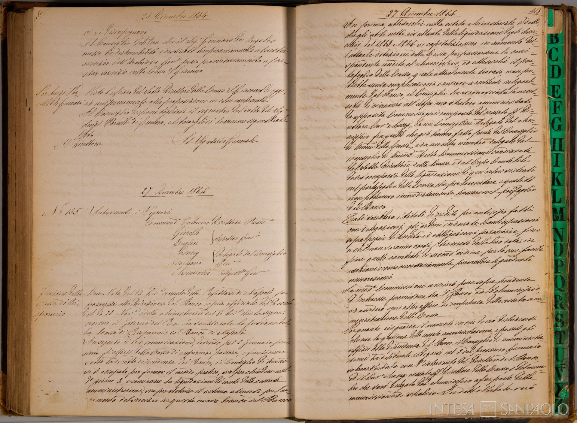 Banco di Napoli, Verbali del Consiglio di Amministrazione, delibera n. 1 relativa alla fusione della Cassa di Risparmio, 27 dicembre 1864 (Archivio Storico del Banco di Napoli)