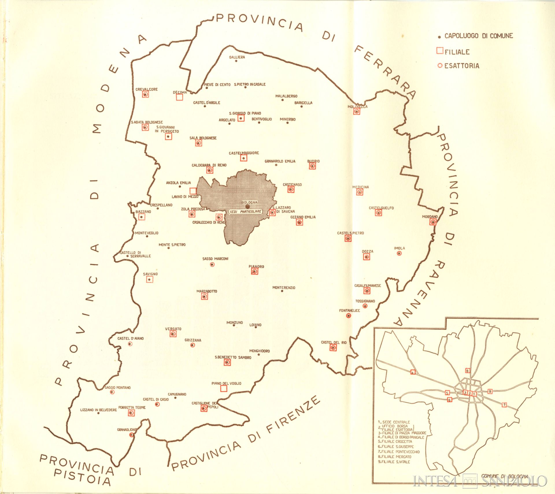 Cassa di Risparmio in Bologna, mappa della rete territoriale tratta dalla pubblicazione Cassa di Risparmio in Bologna, 1957