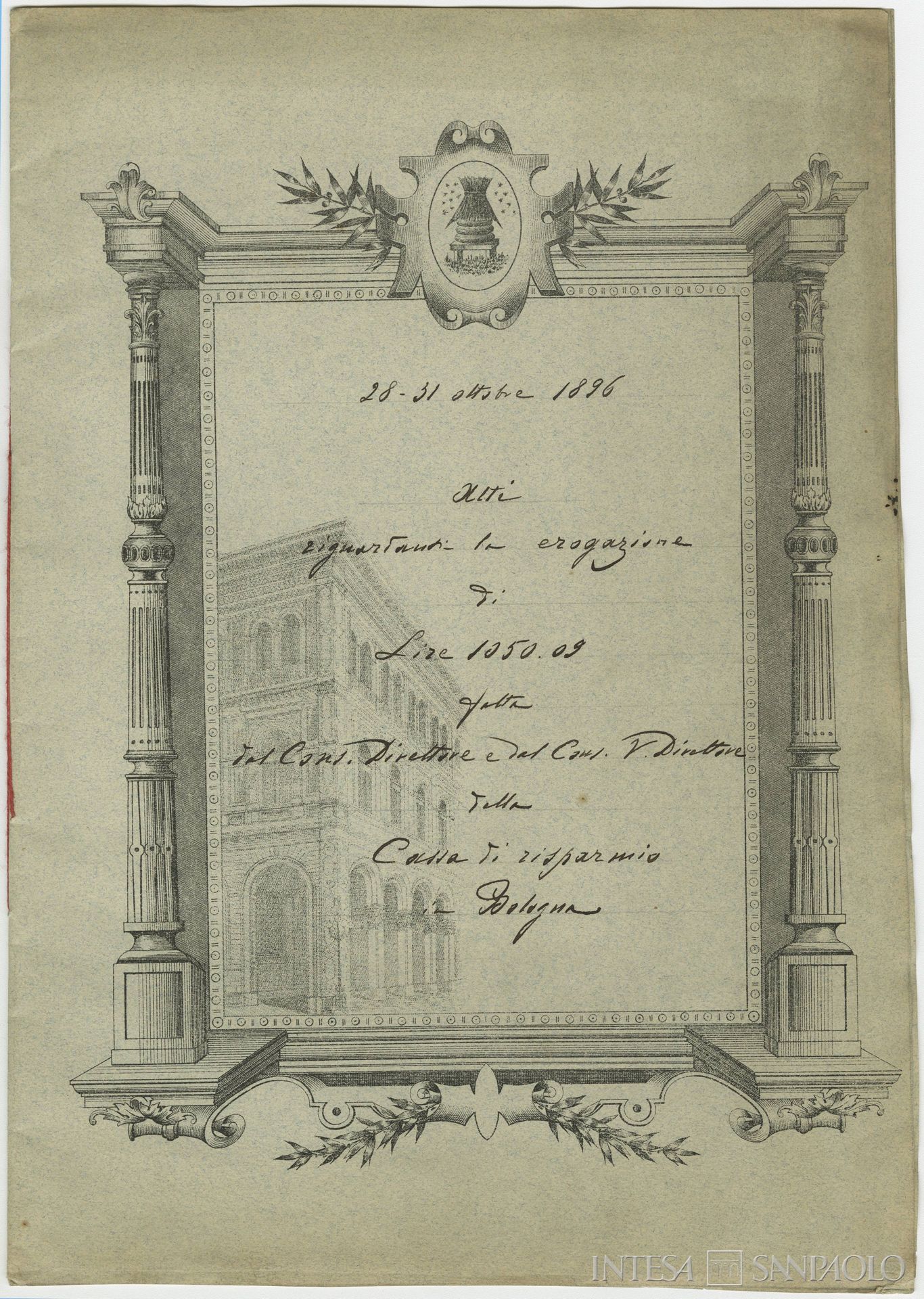 Cassa di Risparmio in Bologna, documentazione attestante l'erogazione di denaro, 1896