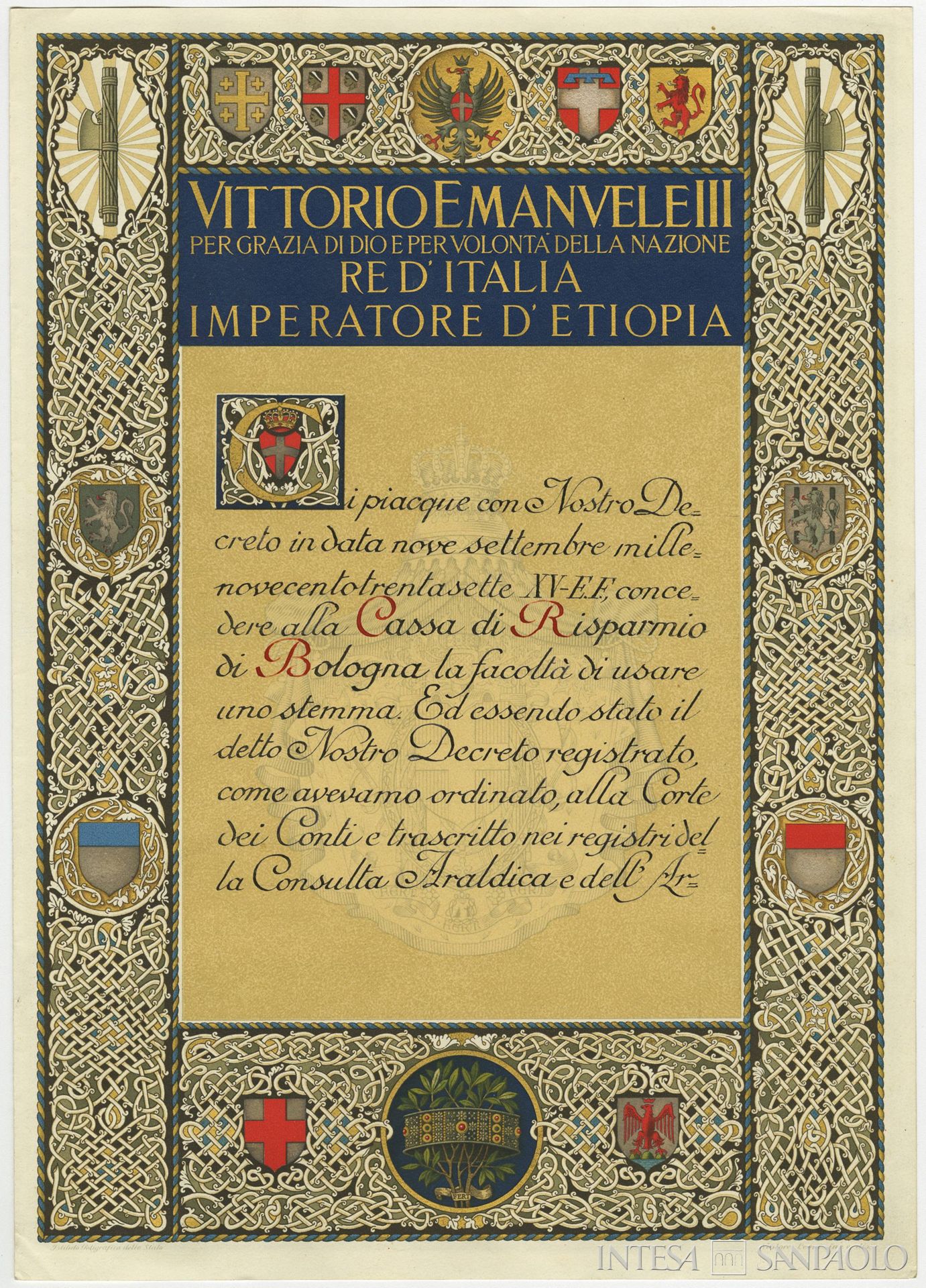 Cassa di Risparmio in Bologna, documento di concessione dello stemma all'Istituzione da parte di Re Vittorio Emanuele III il 28 giugno 1938