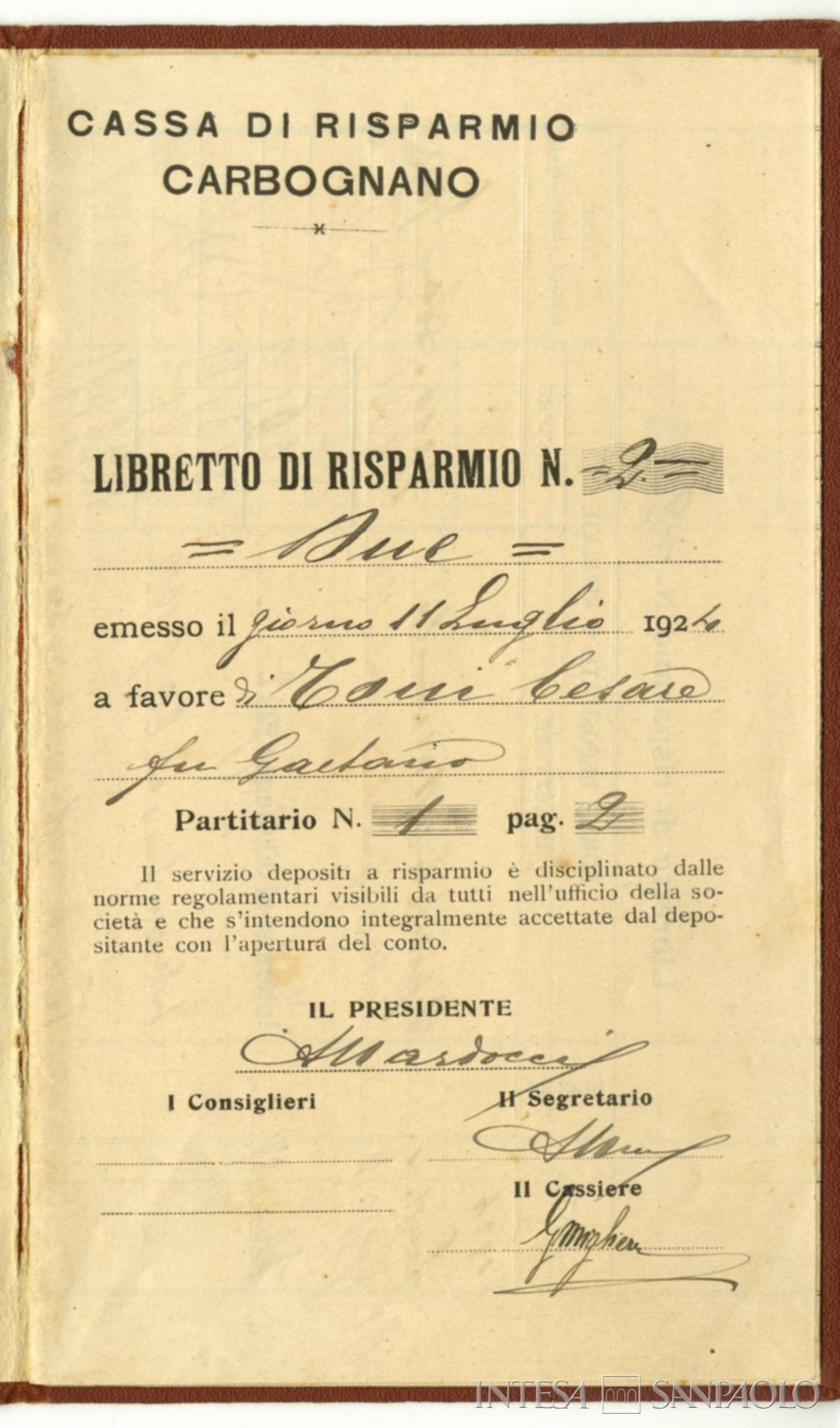 Cassa di Risparmio di Carbognano, intestazione di un libretto di risparmio, 1924