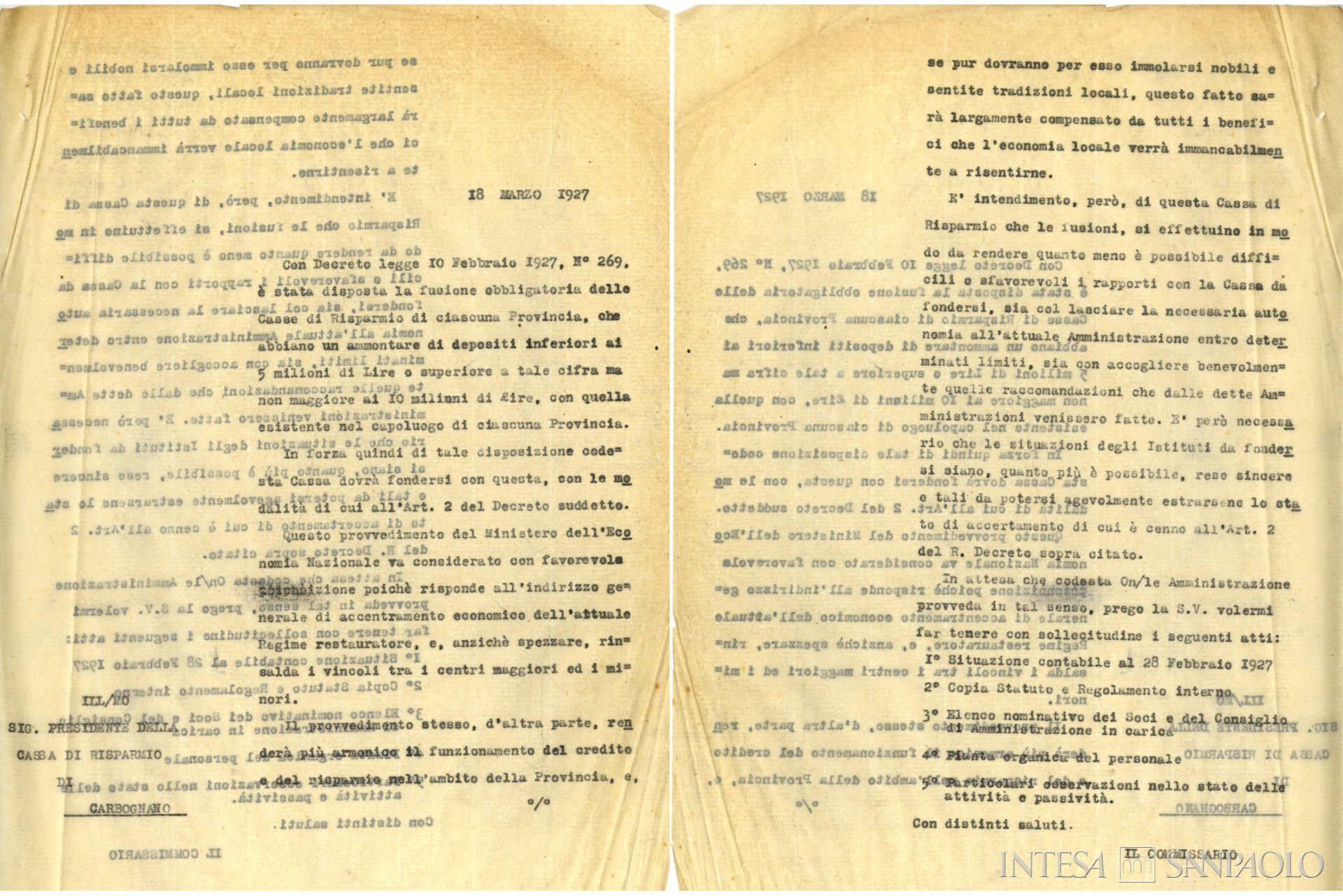 Cassa di Risparmio di Carbognano, pagine estratte dall'atto di fusione con la Cassa di Risparmio della Provincia di Viterbo, 18 marzo 1927