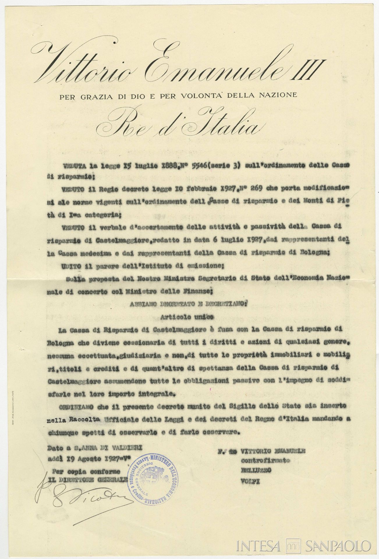 Cassa di Risparmio di Castelmaggiore, decreto di fusione con la Cassa di Risparmio in Bologna, 19 agosto 1927