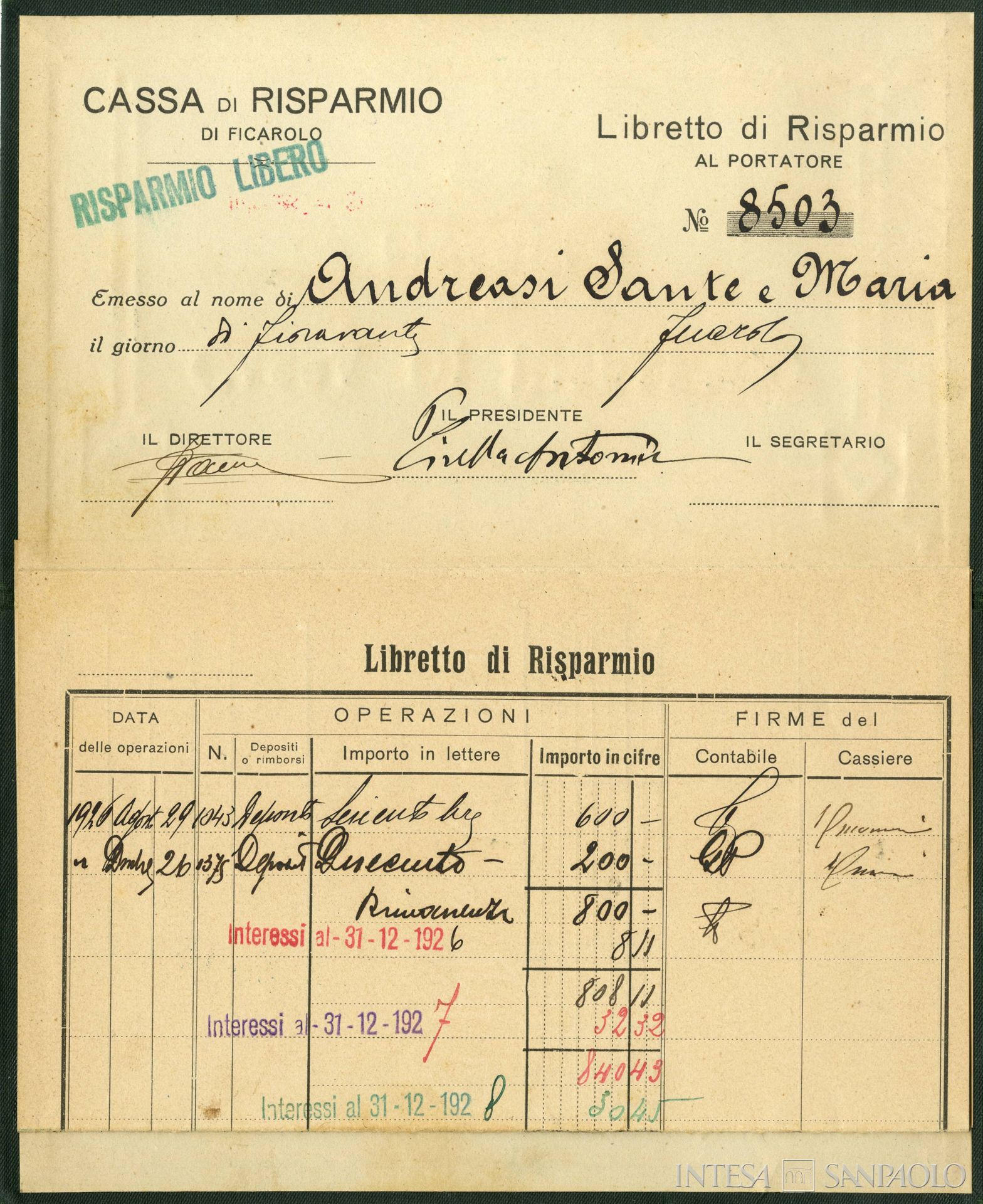 Cassa di Risparmio di Ficarolo, interno di un libretto di risparmio, 1926-1928