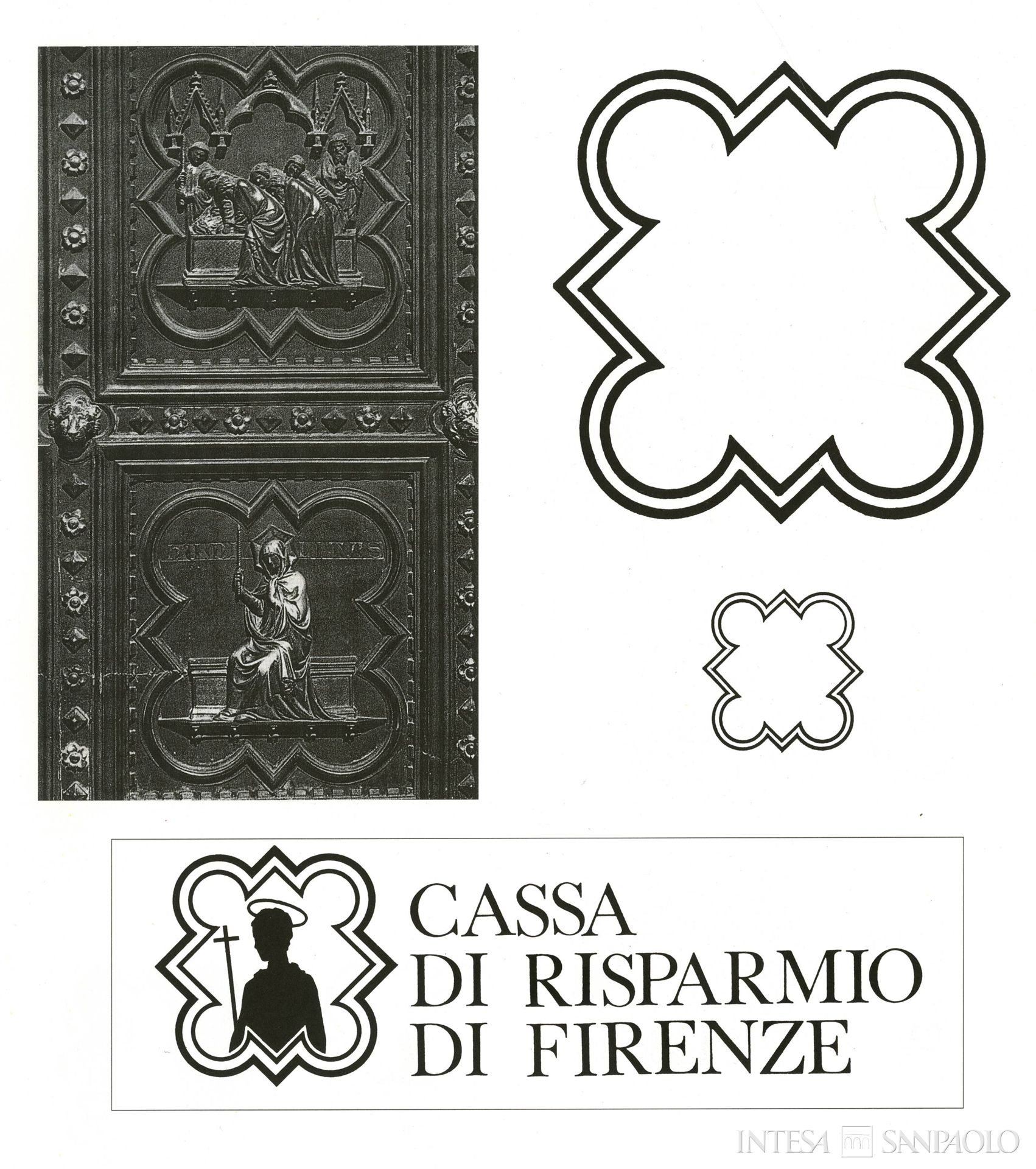 Cassa di Risparmio di Firenze, logo ispirato ai bassorilievi della porta lato sud del Battistero di San Giovanni, immagine tratta dalla pubblicazione Le Opere e i Giorni, 1999