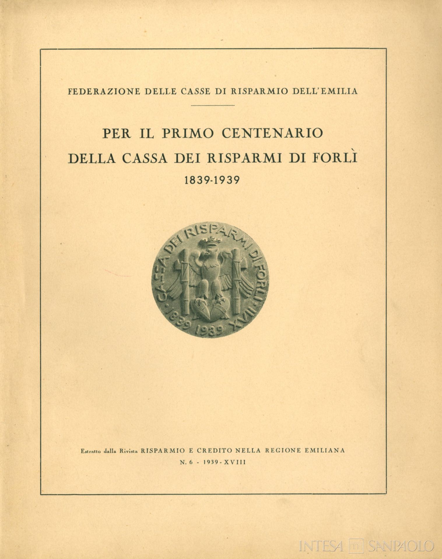 Cassa dei Risparmi di Forlì, copertina dell'opuscolo edito dall'Istituto in occasione del suo centenario, 1939