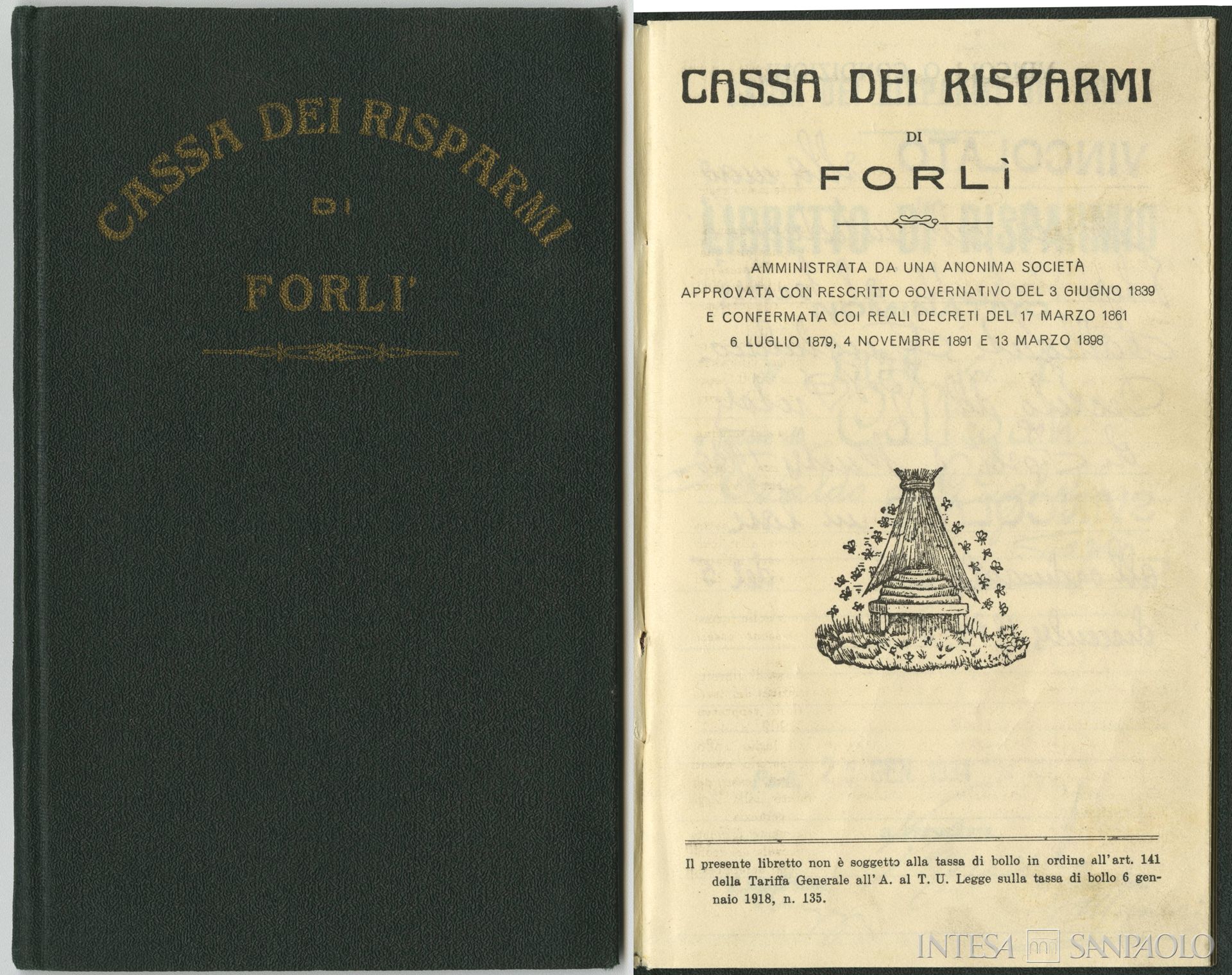 Cassa dei Risparmi di Forlì, copertina e frontespizio di un libretto di risparmio, 1934
