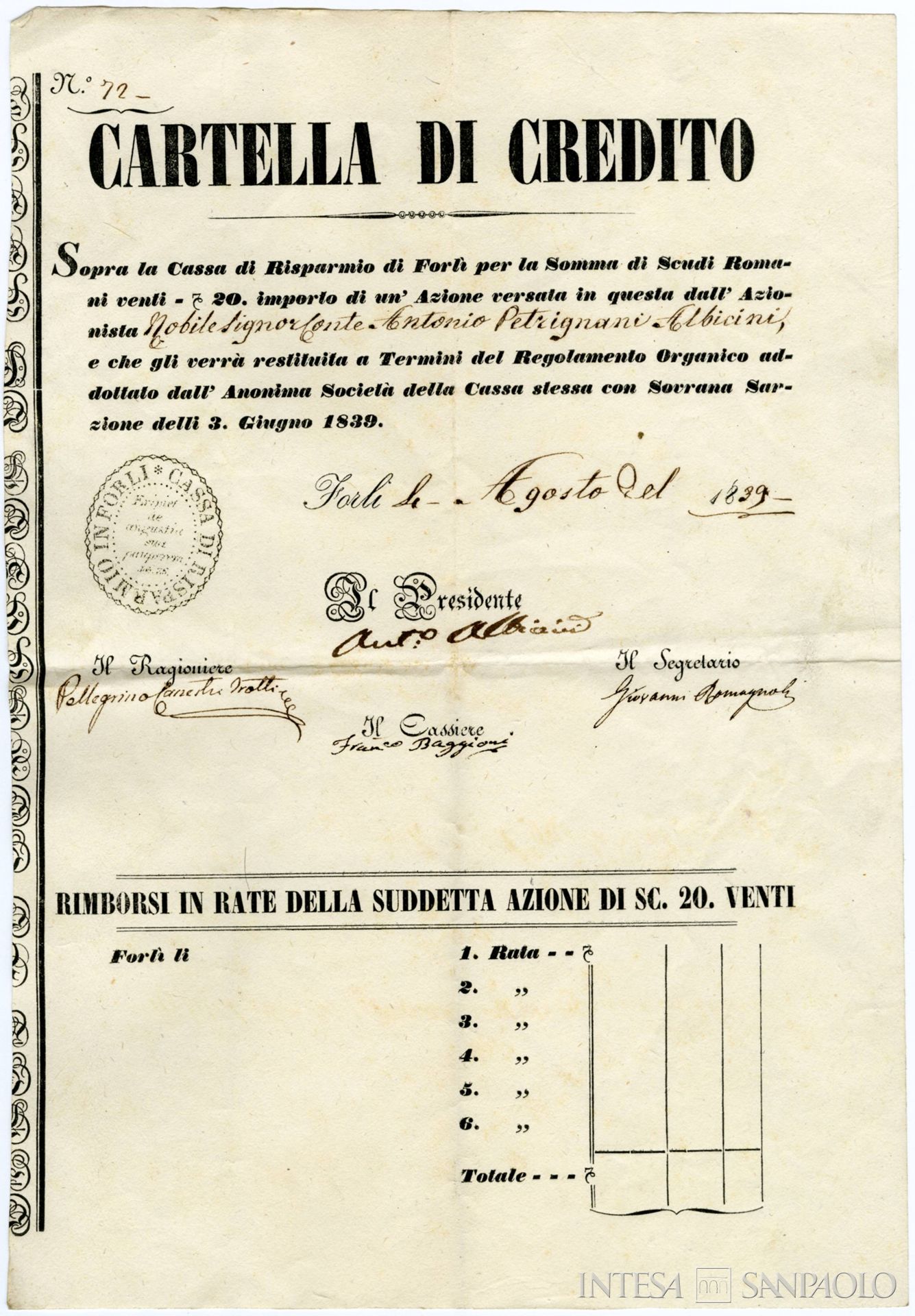 Cassa dei Risparmi di Forlì, cartella di credito, 4 agosto 1839