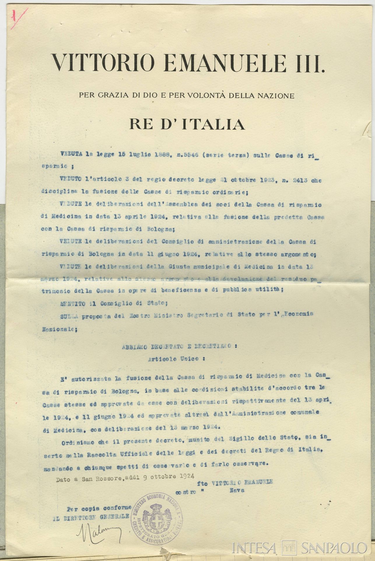 Cassa di Risparmio di Medicina, decreto di fusione con la Cassa di Risparmio in Bologna, 9 ottobre 1924