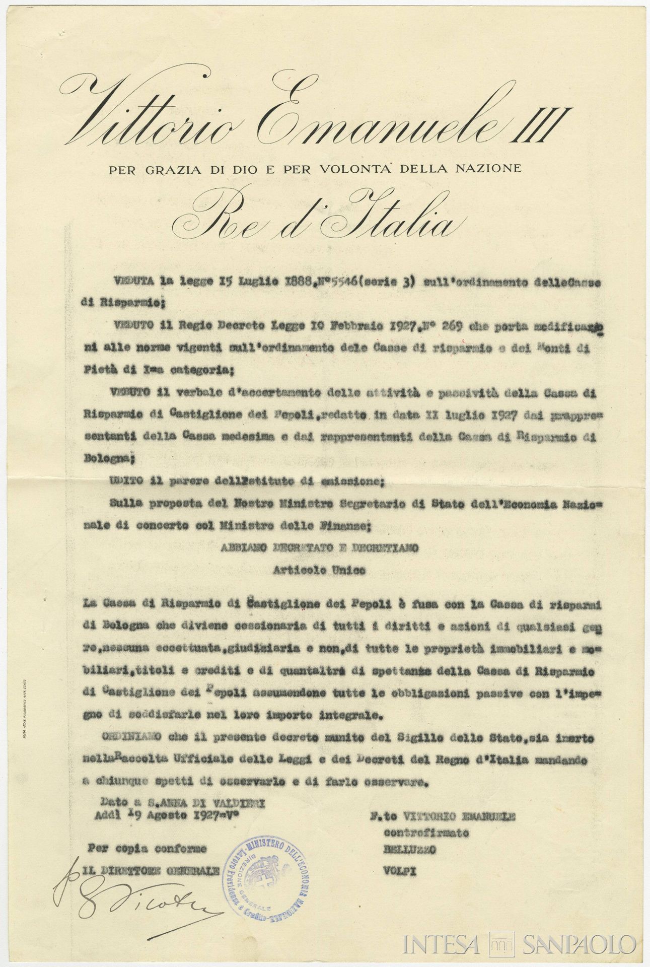 Cassa di Risparmio di Castiglione dei Pepoli, decreto di fusione con la Cassa di Risparmio in Bologna, 19 agosto 1927