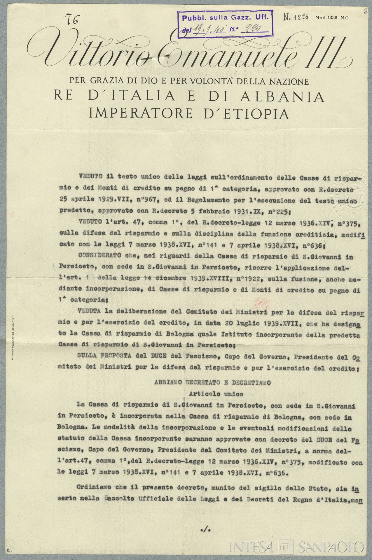 Cassa di Risparmio di San Giovanni in Persiceto, decreto di incorporazione nella Cassa di Risparmio in Bologna, 19 settembre 1940