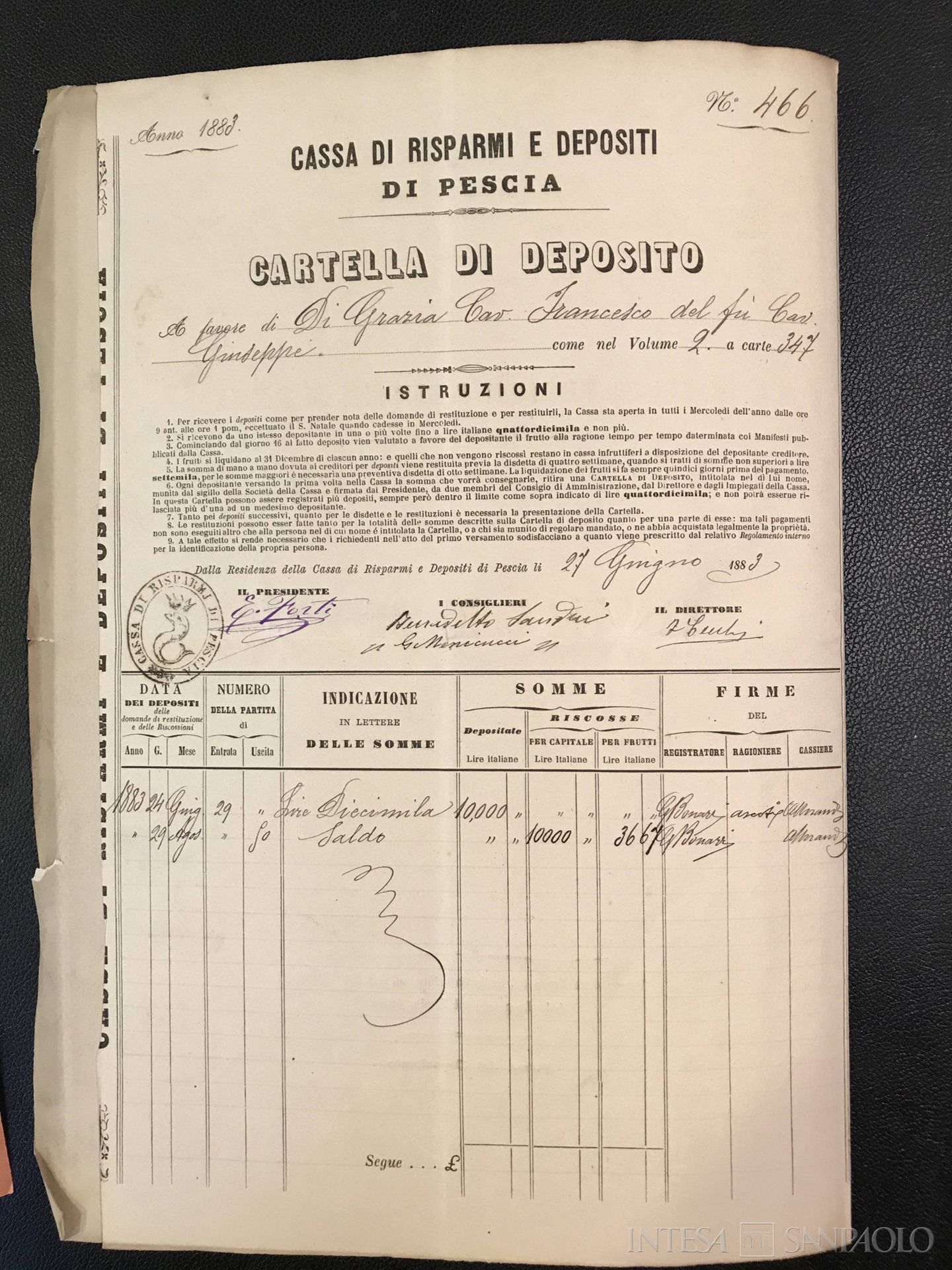 Cassa di Risparmio di Pescia, retro di una cartella di deposito, 1883