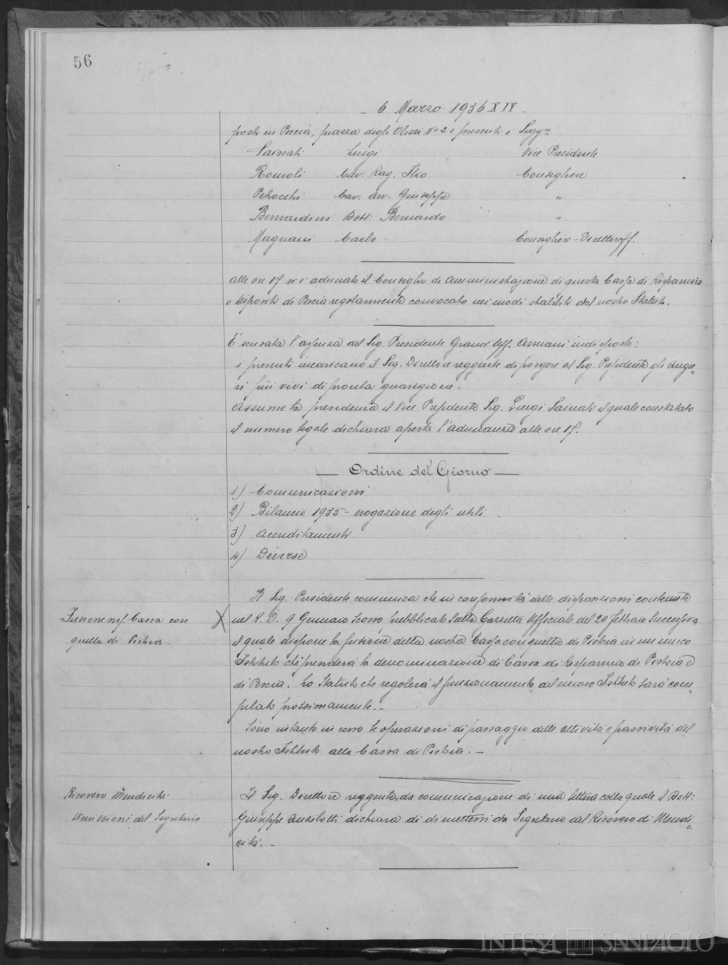 Cassa di Risparmio di Pescia, pagina del verbale del Consiglio di Amministrazione relativo alla fusione con la Cassa di Risparmio di Pistoia, 6 marzo 1936