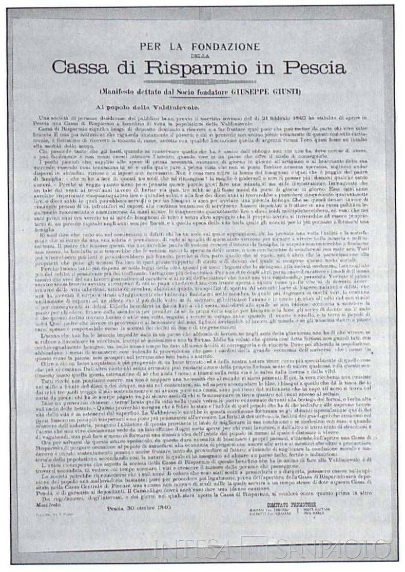 Cassa di Risparmio di Pescia, manifesto per la fondazione dettato da Giuseppe Giusti il 30 ottobre 1840, documento tratto da Il Tremisse Pistoiese, n.1, 1992