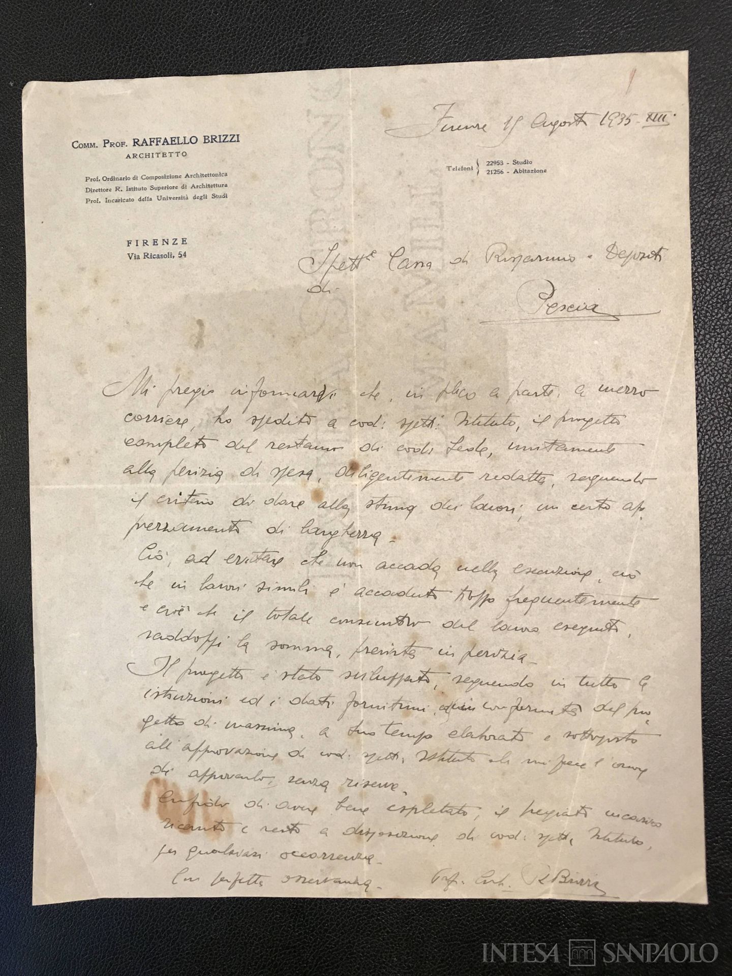 Cassa di Risparmio di Pescia, lettera dell'architetto Raffaello Brizzi relativa al progetto di restauro della sede, 19 agosto 1935