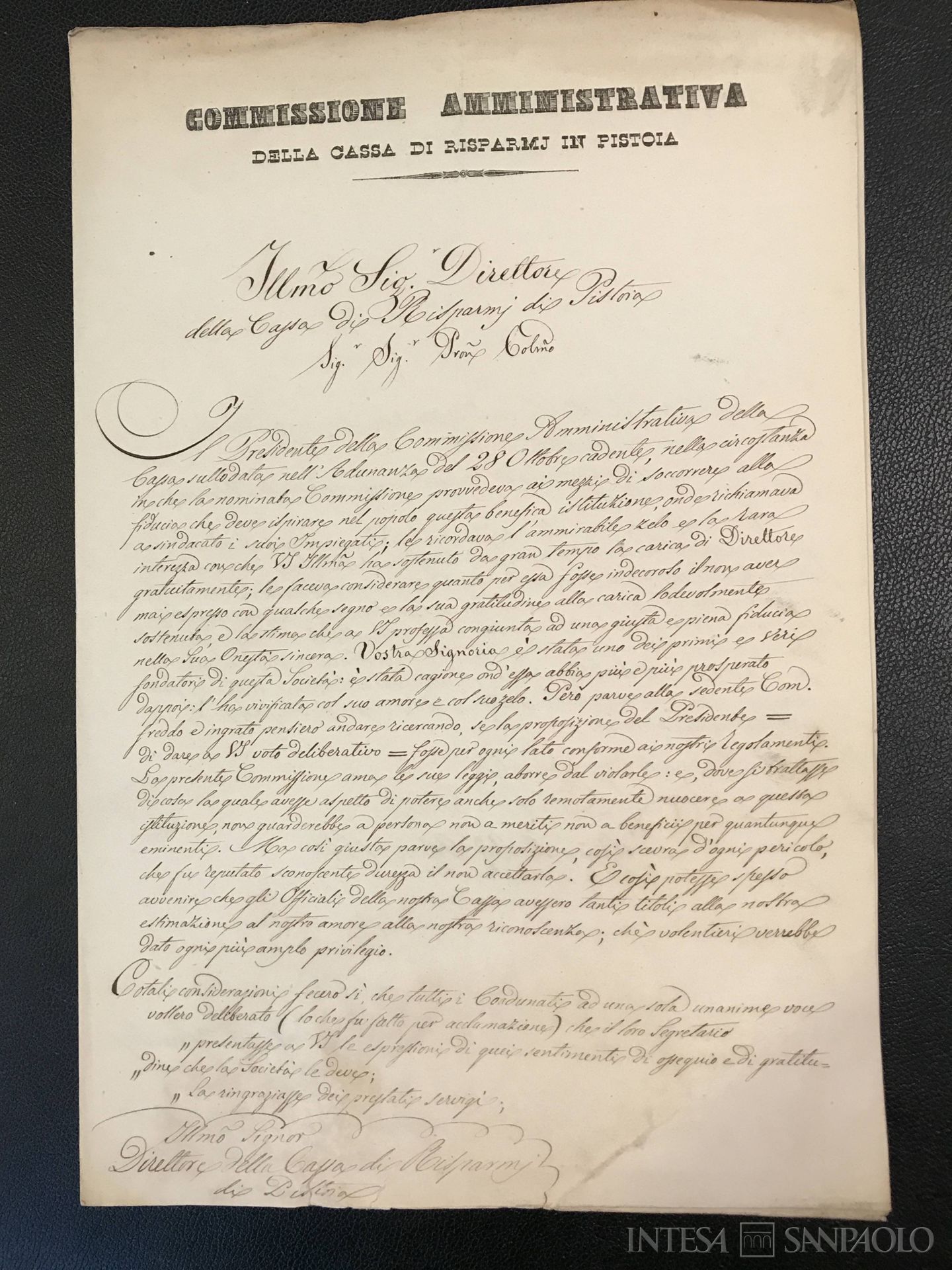Cassa di Risparmio di Pistoia, comunicazione della Commissione Amministrativa al Direttore, 29 ottobre 1846