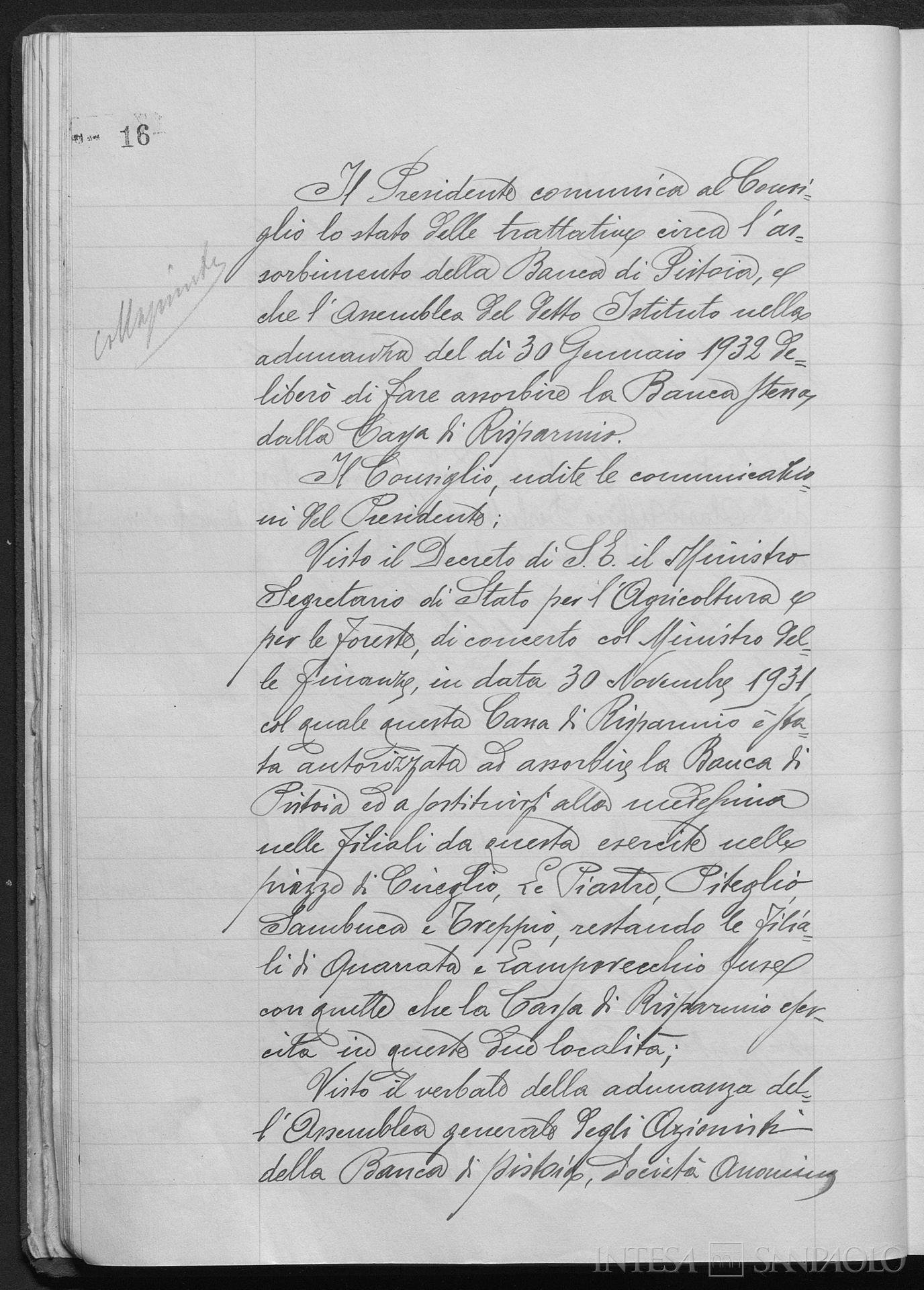 Cassa di Risparmio di Pistoia, pagina del verbale del Consiglio di Amministrazione relativo all'incorporazione della Banca di Pistoia, 1932