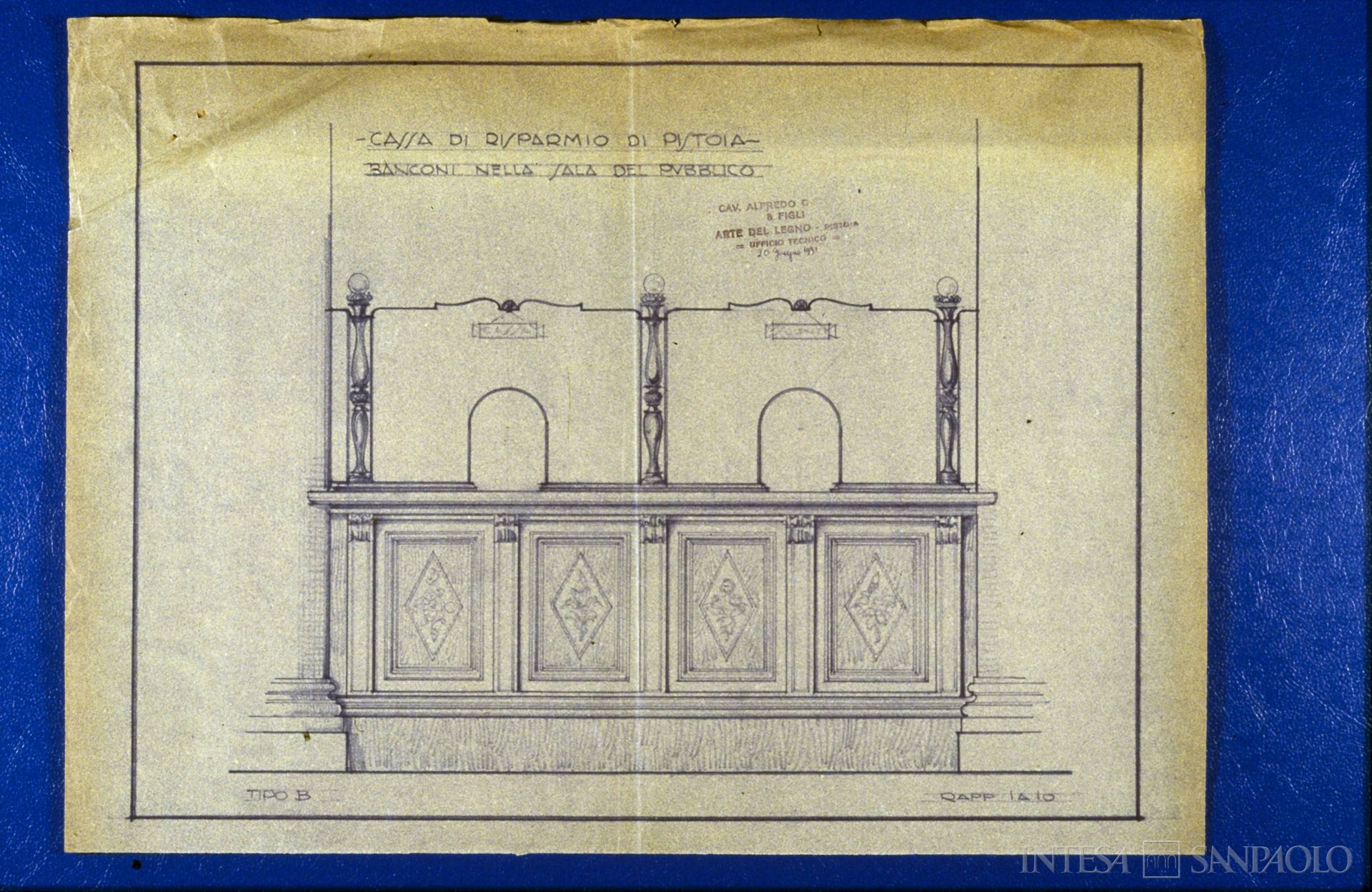 Cassa di Risparmio di Pistoia, bozzetto per il bancone della sala del pubblico di Palazzo Azzolini, 20 giugno 1932 (Cav. Alfredo O. & Figli, Arte del legno)