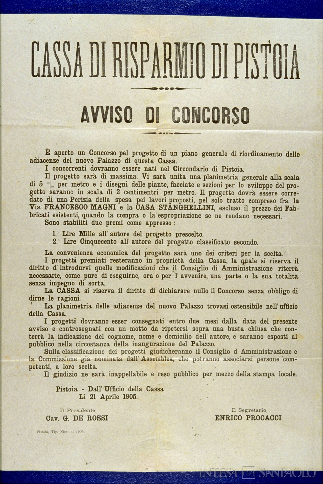 Cassa di Risparmio di Pistoia, bando di concorso pubblico per il riordinamento della adiacenze del nuovo Palazzo Azzolini, 21 aprile 1905