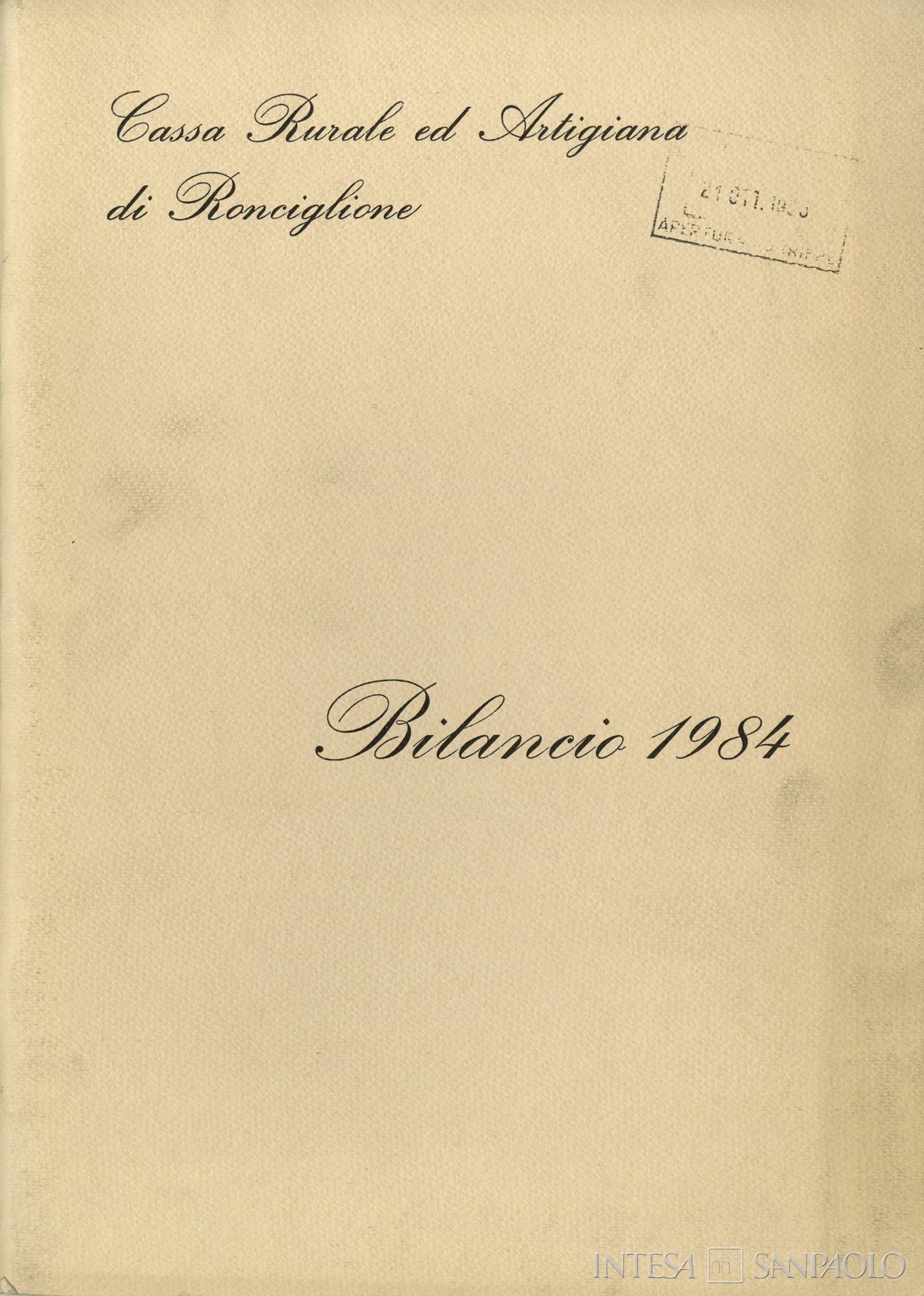 Casse di Risparmio di Ronciglione, Frontespizio del bilancio 1984