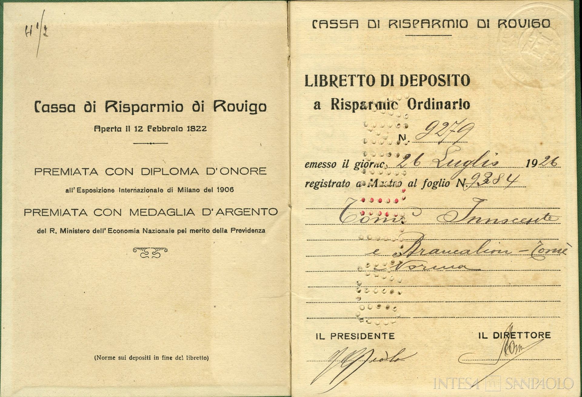 Cassa di Risparmio di Rovigo, libretto di risparmio per clienti privati, fogli interni, 1926