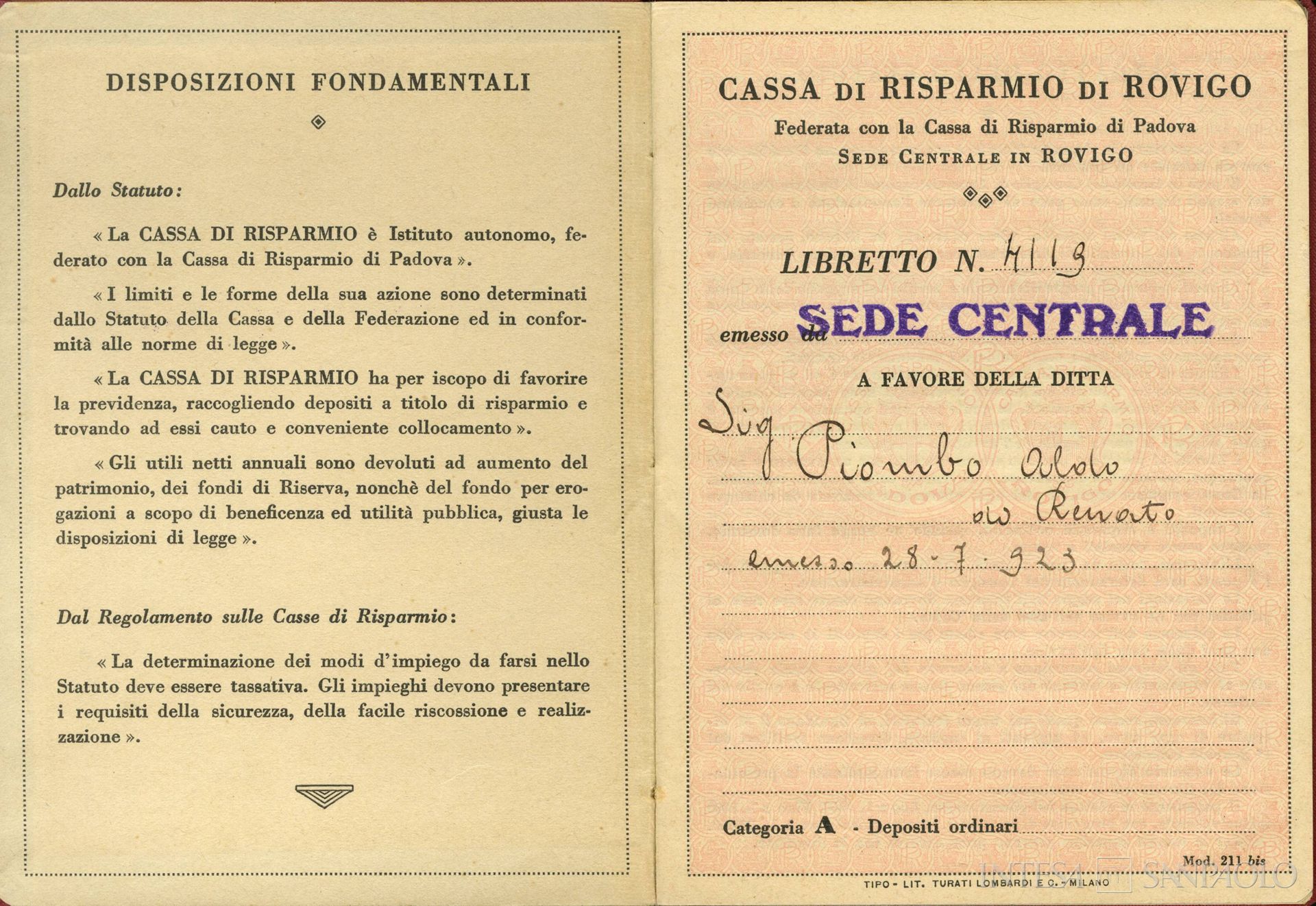 Cassa di Risparmio di Rovigo, libretto di risparmio per aziende, fogli interni, 1923