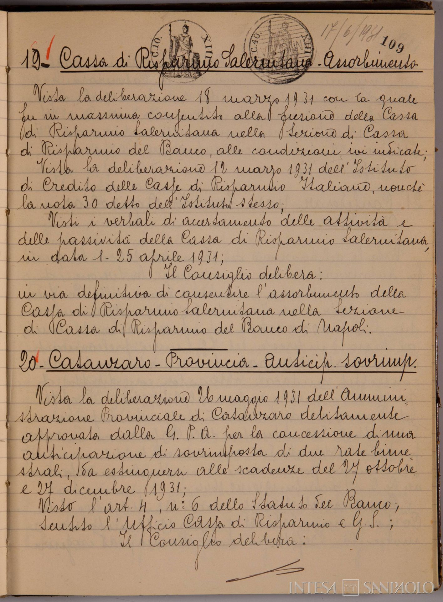 Banco di Napoli, Verbali del Consiglio di Amministrazione, delibera n. 19 relativa all'assorbimento della Cassa di Risparmio Salernitana, 17 giugno 1931 (Archivio Storico del Banco di Napoli)