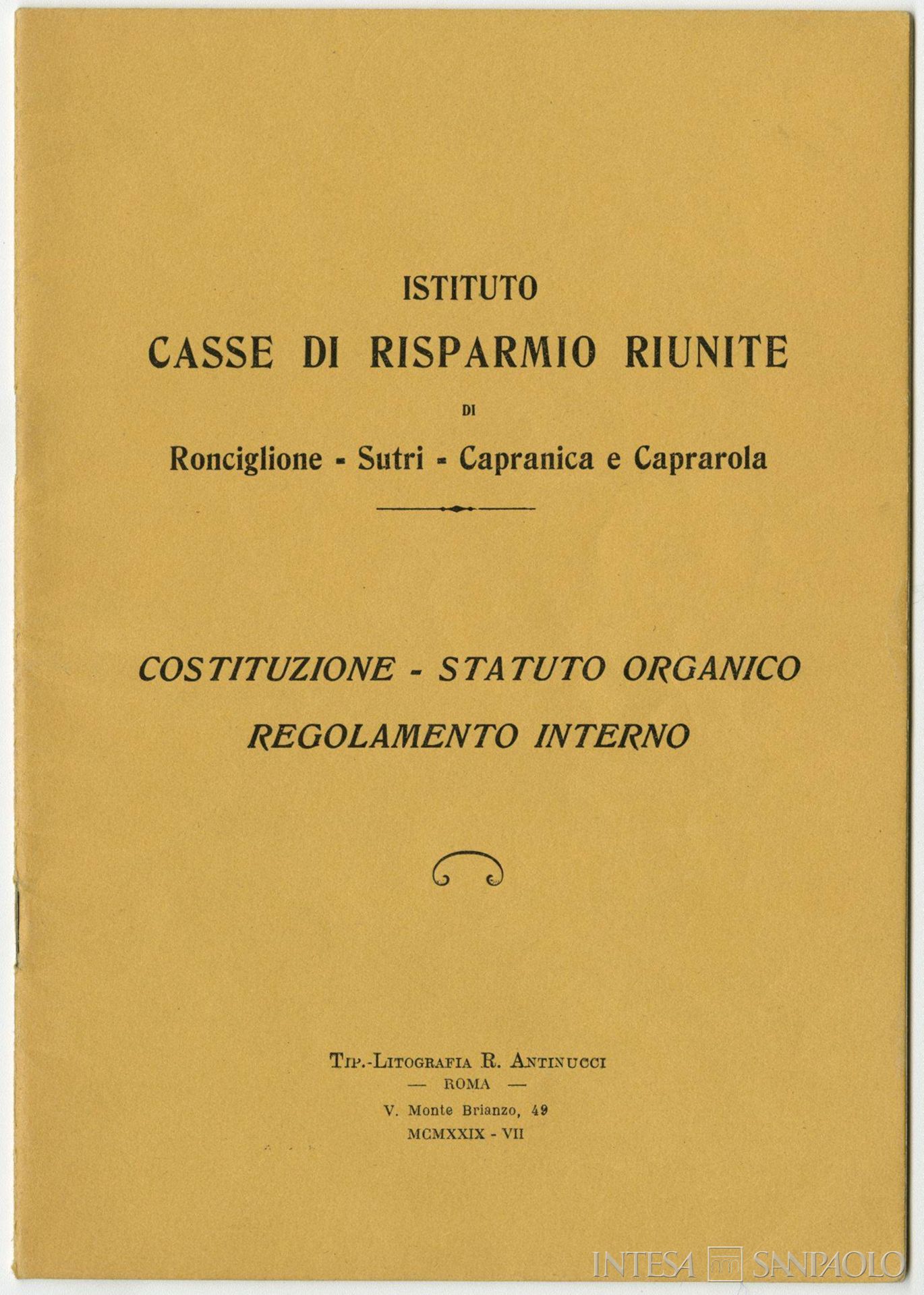 Cassa di Risparmio di Sutri, frontespizio dello Statuto dell'istituto, della Cassa di Risparmio di Ronciglione e delle Casse di Capranica e Caprarola, 1924
