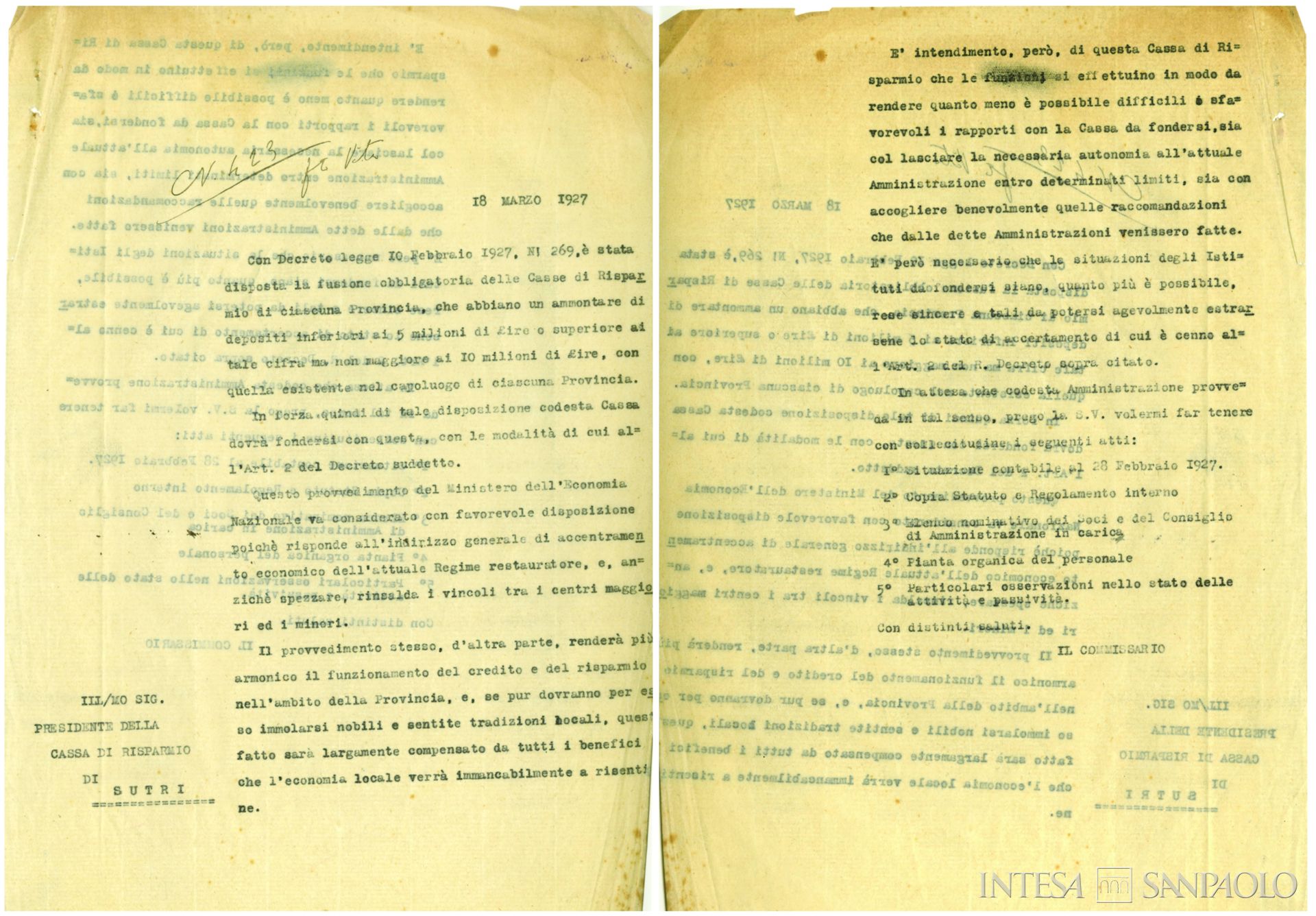 Cassa di Risparmio di Sutri, pagine estratte dall'atto di fusione nella Cassa di Risparmio della Provincia di Viterbo, 18 marzo 1927