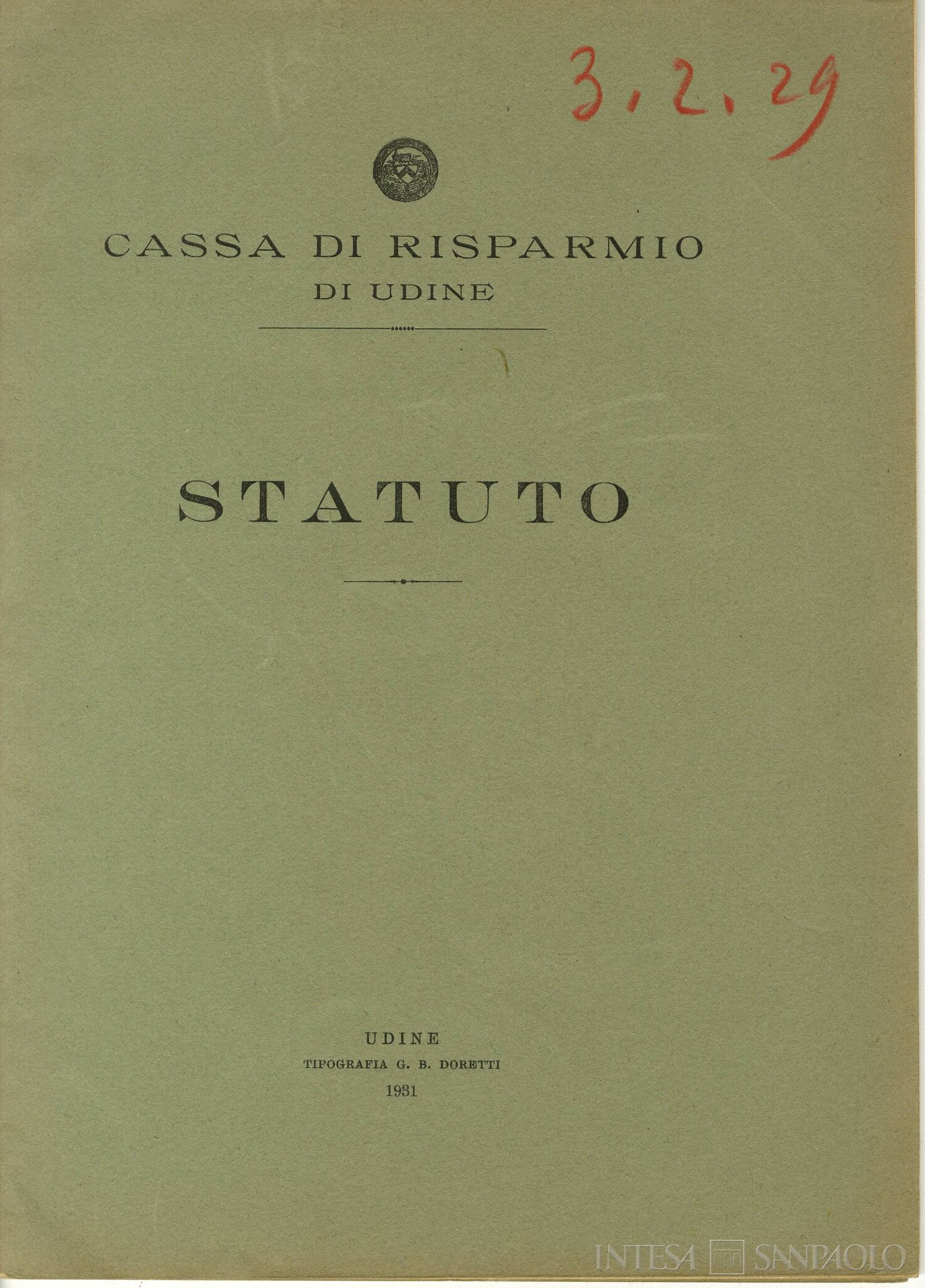 Cassa di Risparmio di Udine, frontespizio dello statuto, 1929