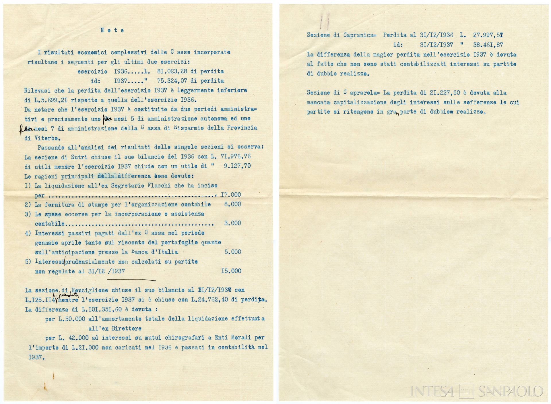 Casse di Risparmio Riunite di Ronciglione, Sutri, Capranica e Caprarola, risultati economici degli esercizi 1936-1937, 1938