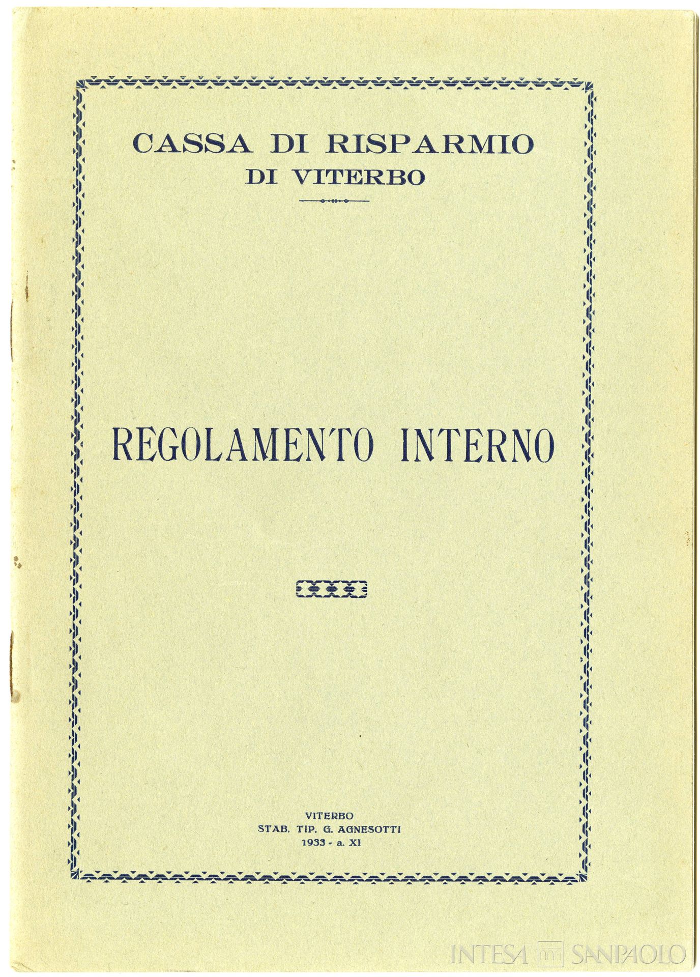 Cassa di Risparmio della Provincia di Viterbo, frontespizio del regolamento interno, 1933