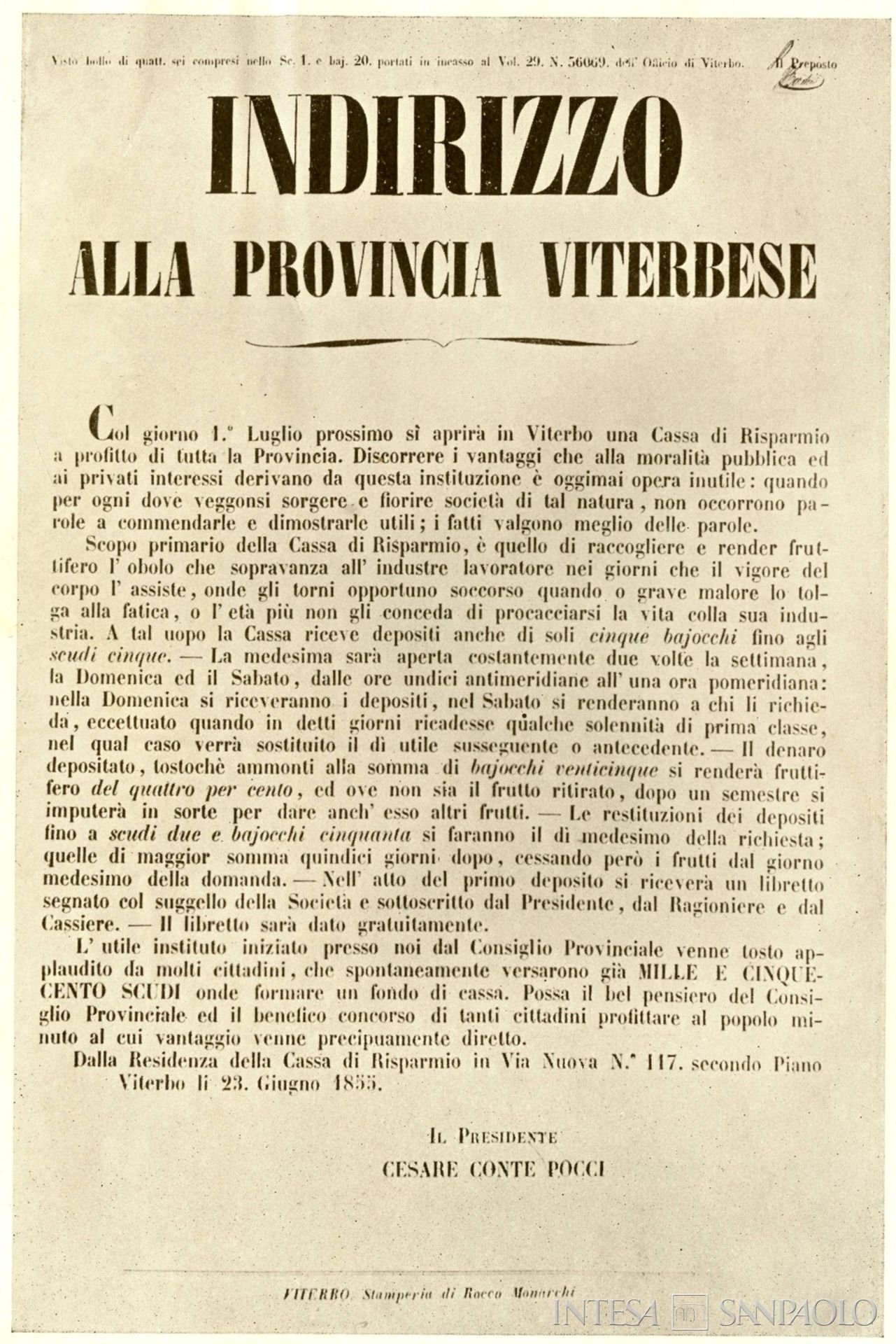 Cassa di Risparmio della Provincia di Viterbo, avviso dell'apertura 1855