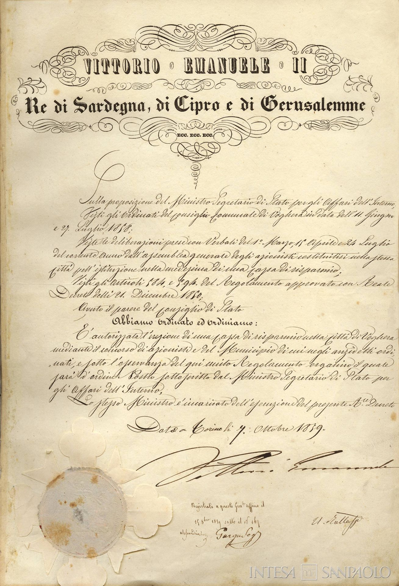 Cassa di Risparmio di Voghera, autorizzazione da parte del re Vittorio Emanuele II all'erezione di una Cassa di risparmio in Voghera, 1859