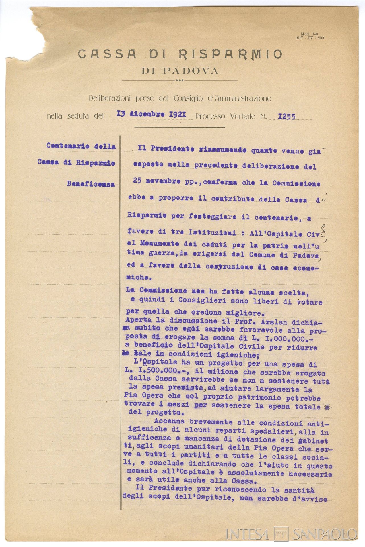 Cassa di Risparmio di Padova, deliberazioni prese dal Consiglio di Amministrazione in occasione del centenario dell'istituto, 13 dicembre 1921