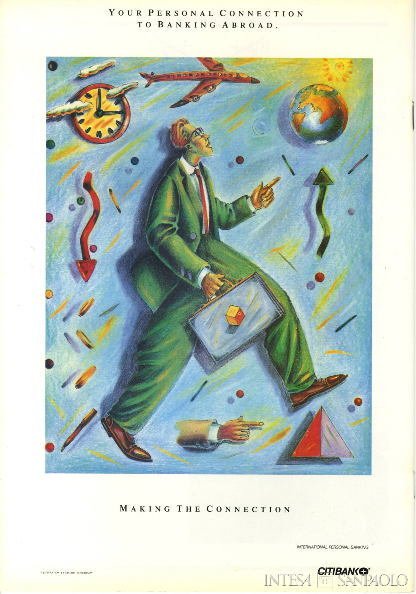 Citibank Italia, pubblicità relativa ai prodotti e ai servizi dell'istituto tratta dall'house organ Citibank News, n. 1, 1991 (illustrazione di Stuart Robertson)