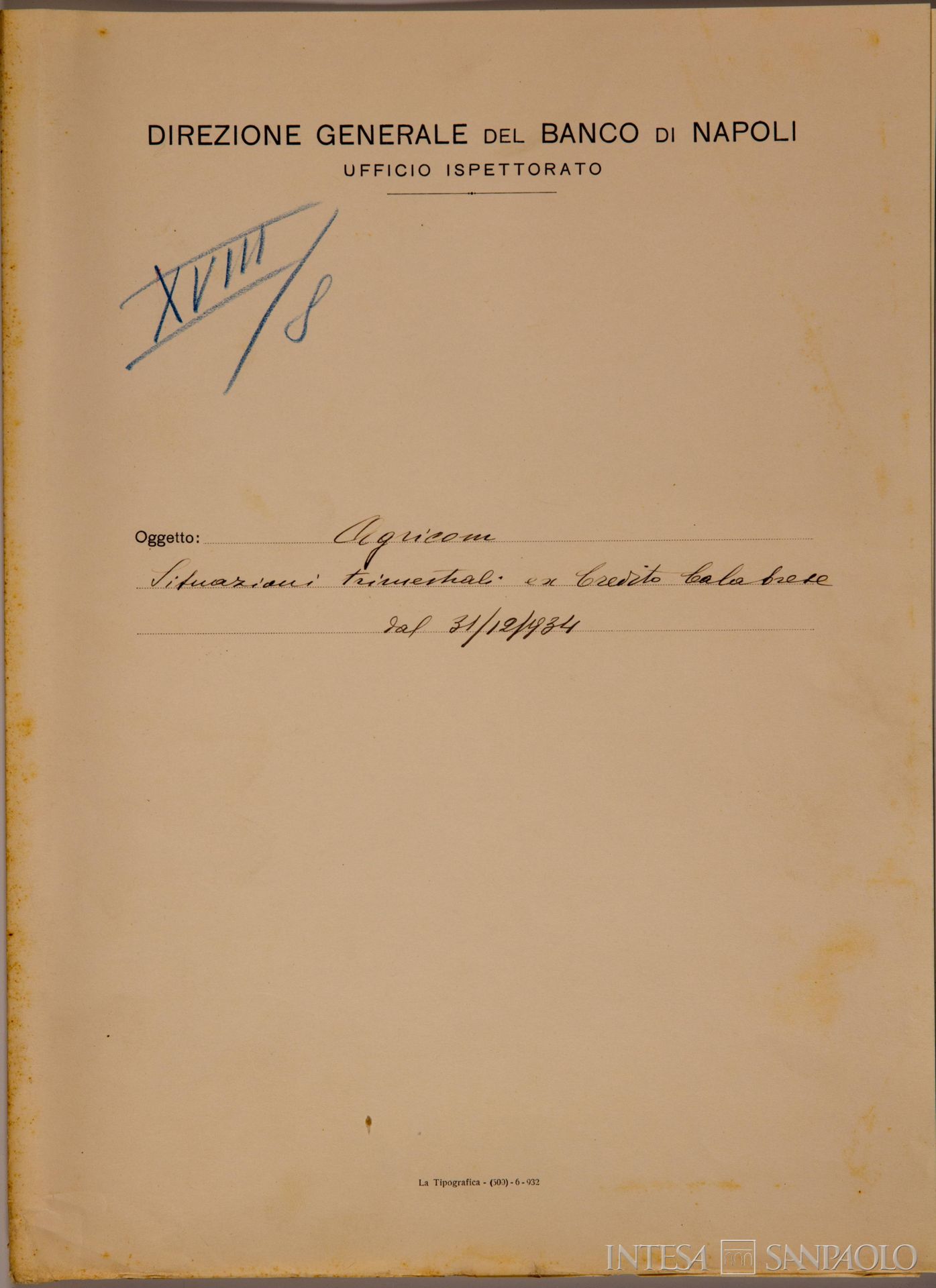 Credito Calabrese, frontespizio di una cartella Agricom relativa alle situazioni trimestrali dell'ex Credito Calabrese, 1934 (Archivio Storico del Banco di Napoli)