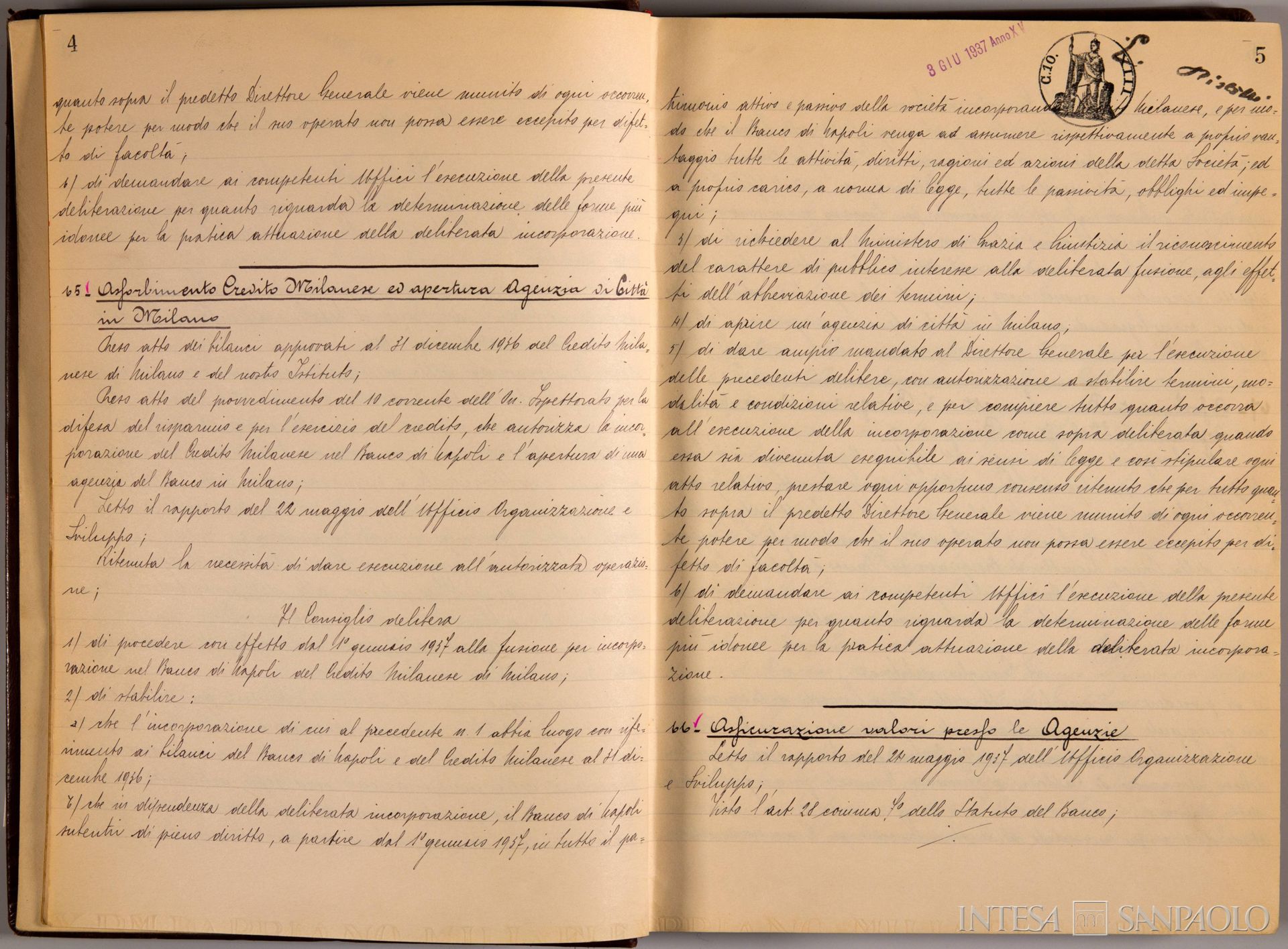 Banco di Napoli, Verbali del Consiglio di Amministrazione, delibera n. 65 relativa all'assorbimento del Credito Milanese ed apertura di un'Agenzia di Città in Milano, 3 giugno 1937 (Archivio Storico del Banco di Napoli)